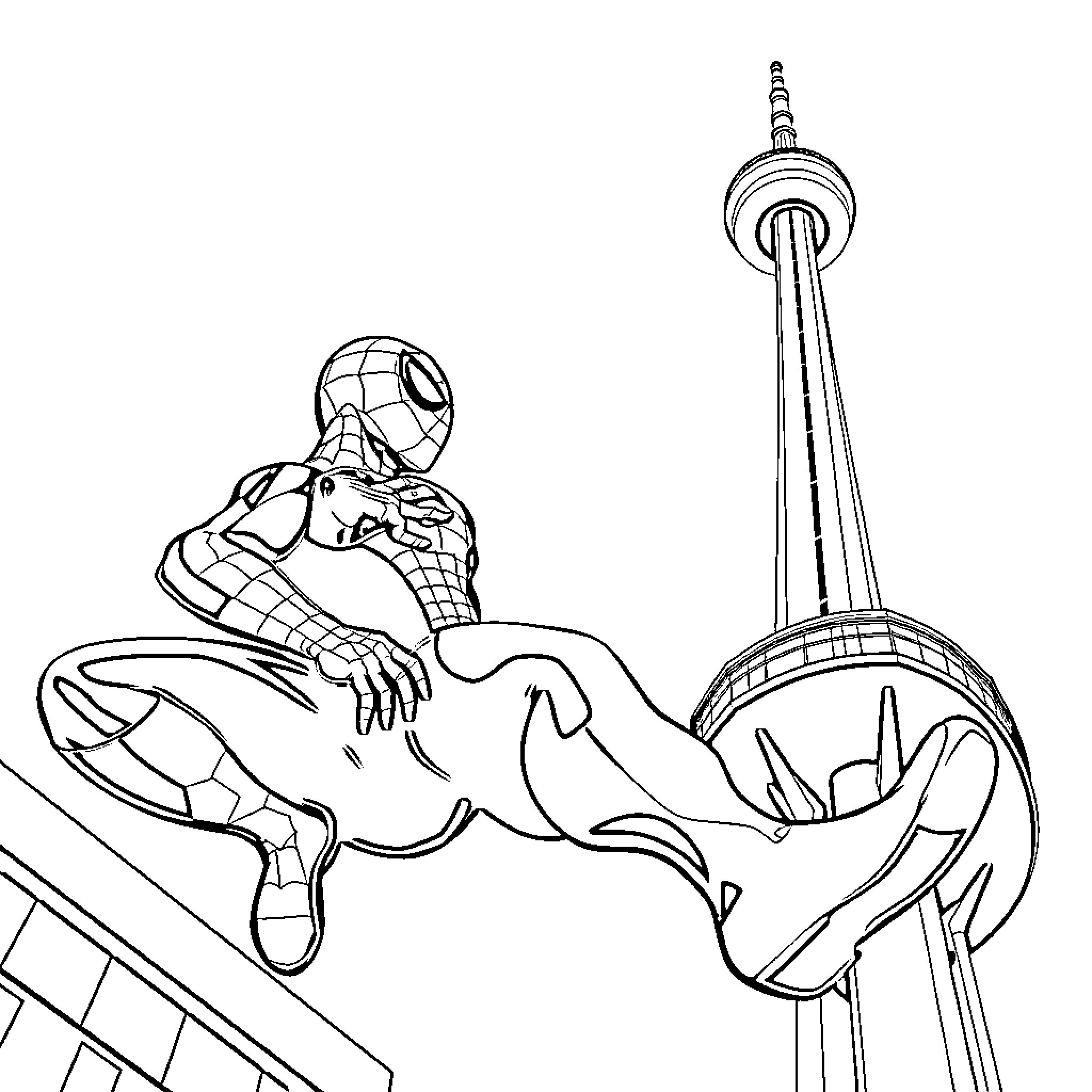 Spiderman perching on building overlooking city skyline Coloring Page (free black-and-white line drawing printable PDF for all, from beginners to advanced learners, including children, teens, adults, and seniors)