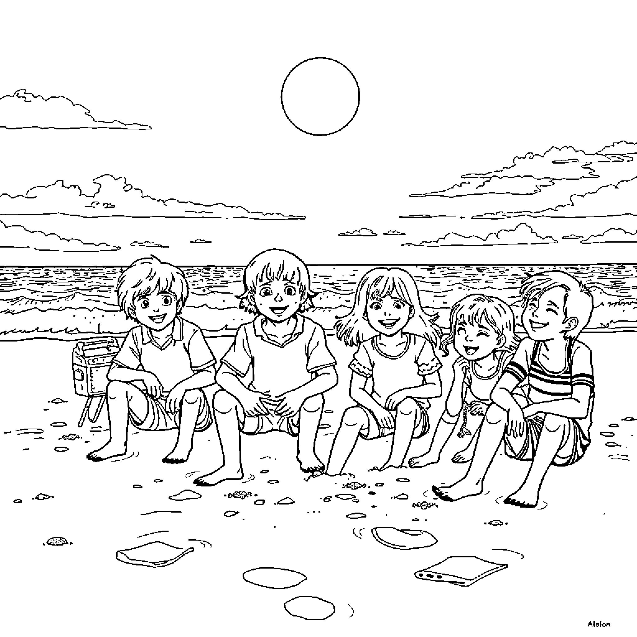 Characters enjoying beach time on a sunny day Coloring Page (free black-and-white line drawing printable PDF for all, from beginners to advanced learners, including children, teens, adults, and seniors)