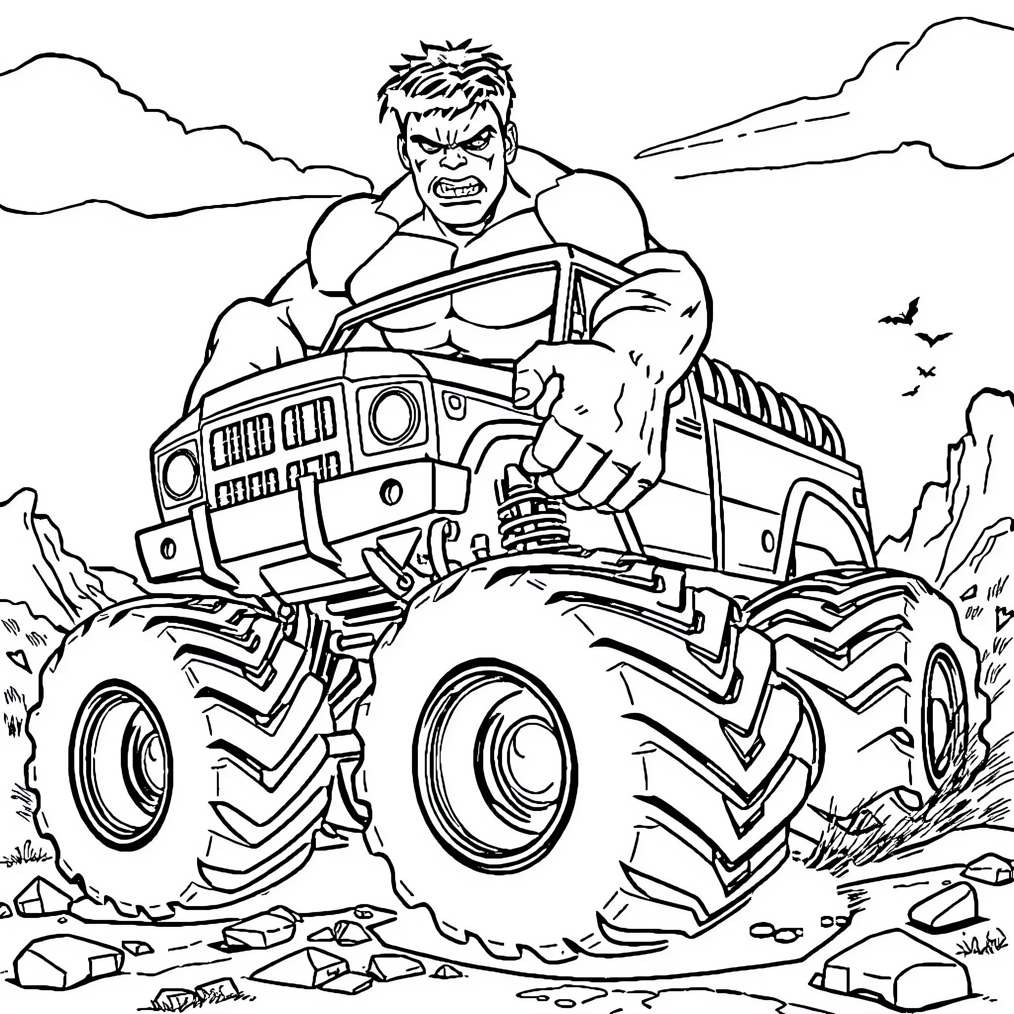 Hulk driving a monstrous off-road vehicle through rocky terrain Coloring Page (free black-and-white line drawing printable PDF for all, from beginners to advanced learners, including children, teens, adults, and seniors)