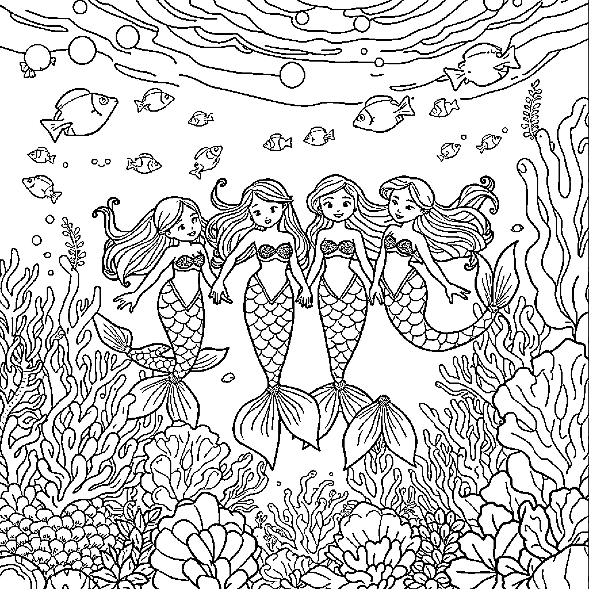 Mermaid trio swimming in the enchanted underwater realm Coloring Page (free black-and-white line drawing printable PDF for all, from beginners to advanced learners, including children, teens, adults, and seniors)
