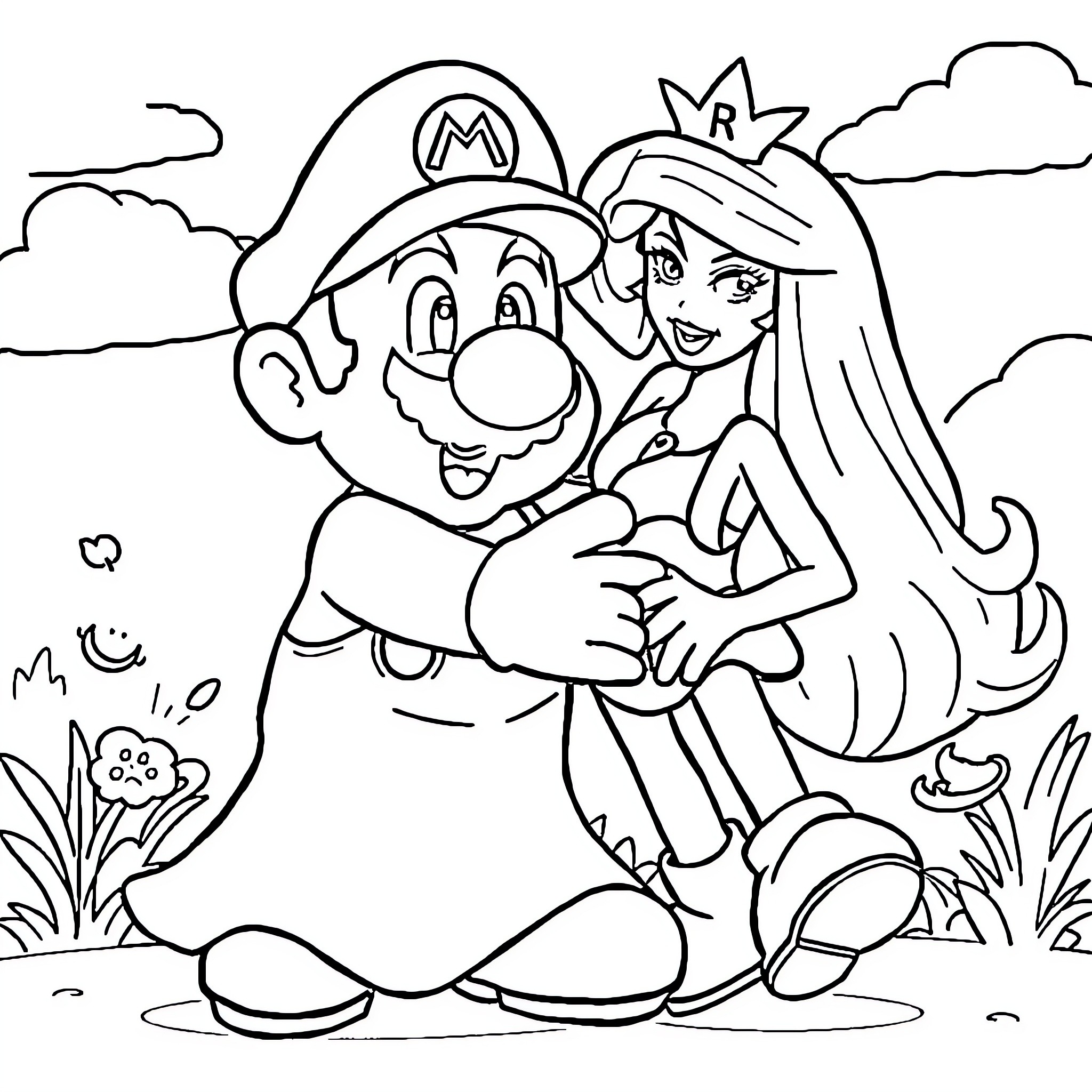 Super Mario and the Princess Embrace in a Meadow Coloring Page (free black-and-white line drawing printable PDF for all, from beginners to advanced learners, including children, teens, adults, and seniors)