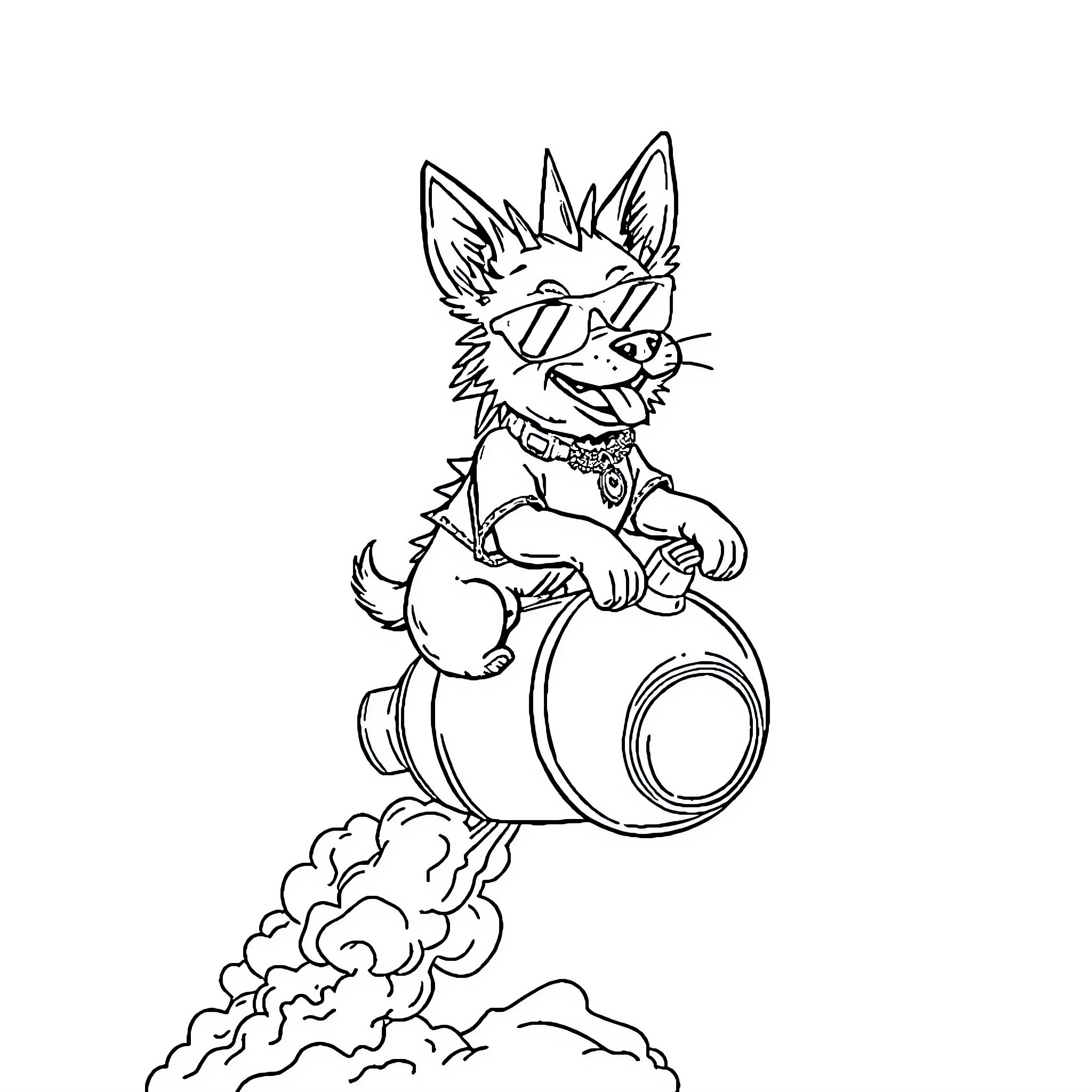 Dog riding jetpack and taking flight Coloring Page (free black-and-white line drawing printable PDF for all, from beginners to advanced learners, including children, teens, adults, and seniors)
