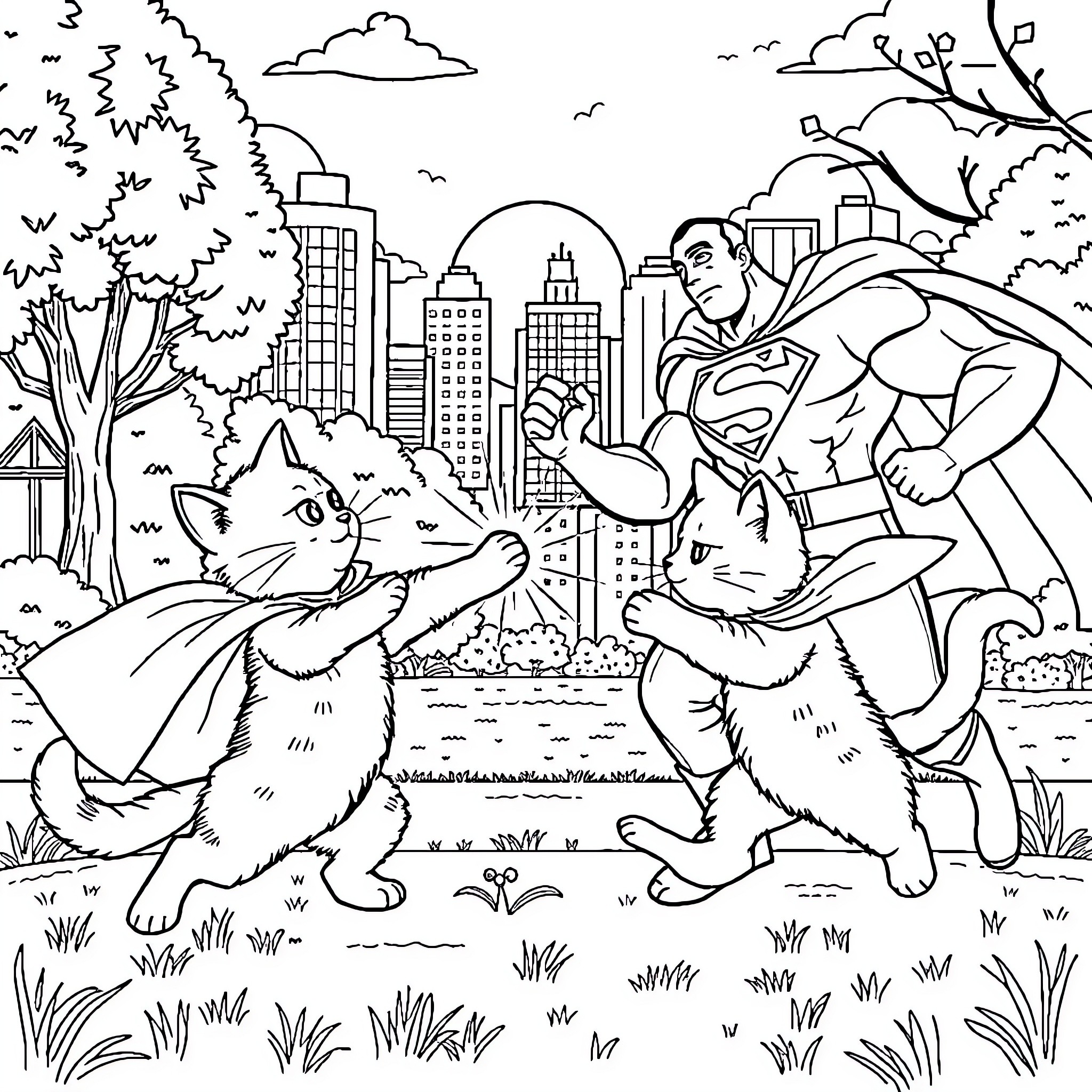 Kitty Superheroes Saving the Day Coloring Page (free black-and-white line drawing printable PDF for all, from beginners to advanced learners, including children, teens, adults, and seniors)