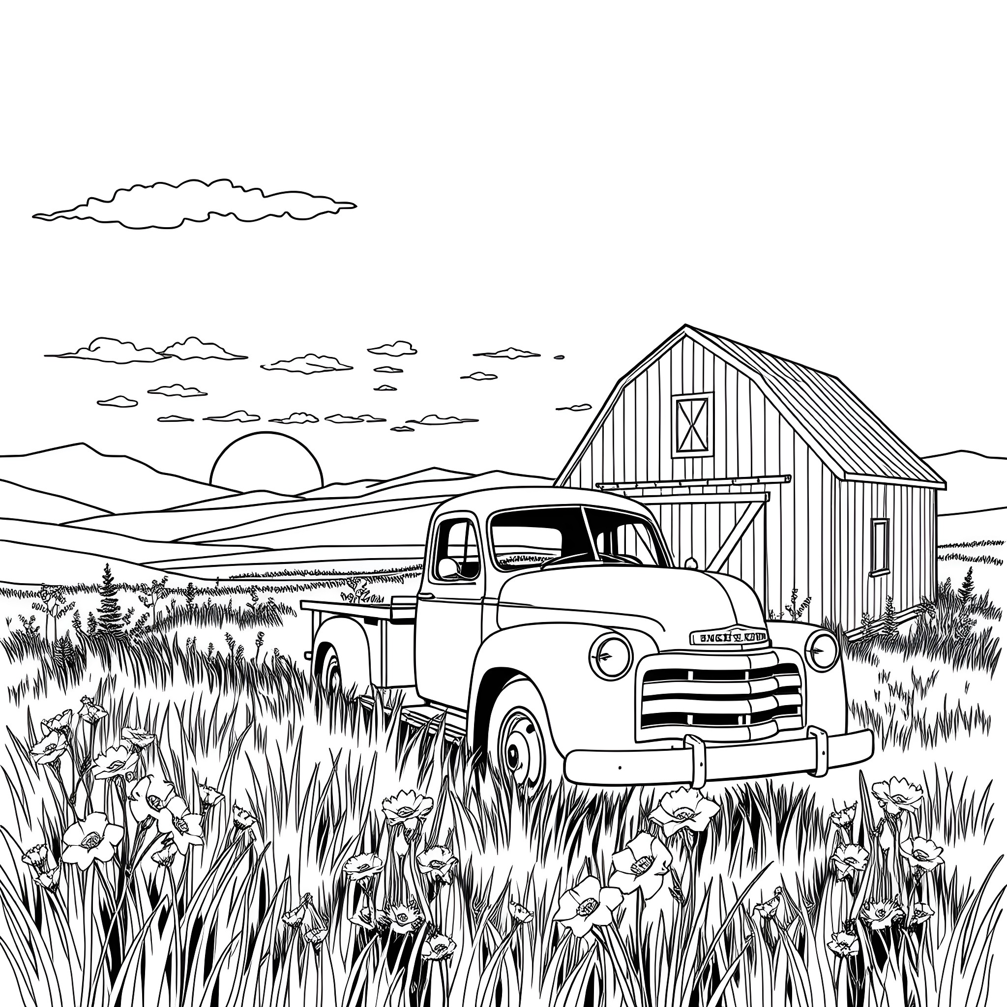 Truck parked in rustic farmland landscape Coloring Page (free black-and-white line drawing printable PDF for all, from beginners to advanced learners, including children, teens, adults, and seniors)