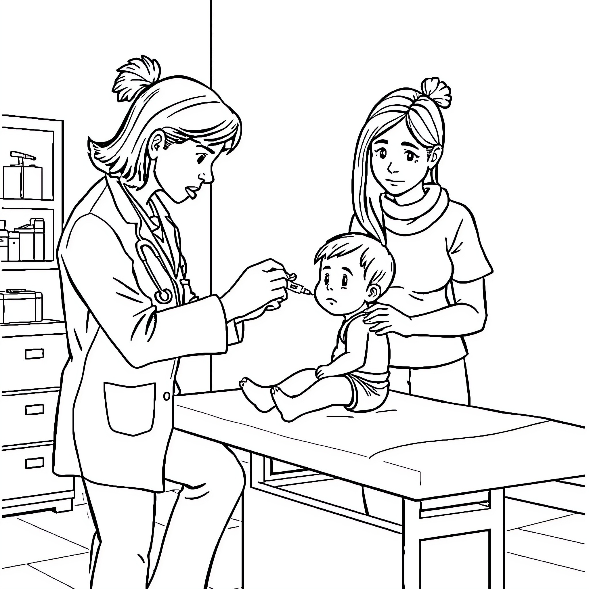 Pediatrician examining a young patient with caring mother Coloring Page (free black-and-white line drawing printable PDF for all, from beginners to advanced learners, including children, teens, adults, and seniors)