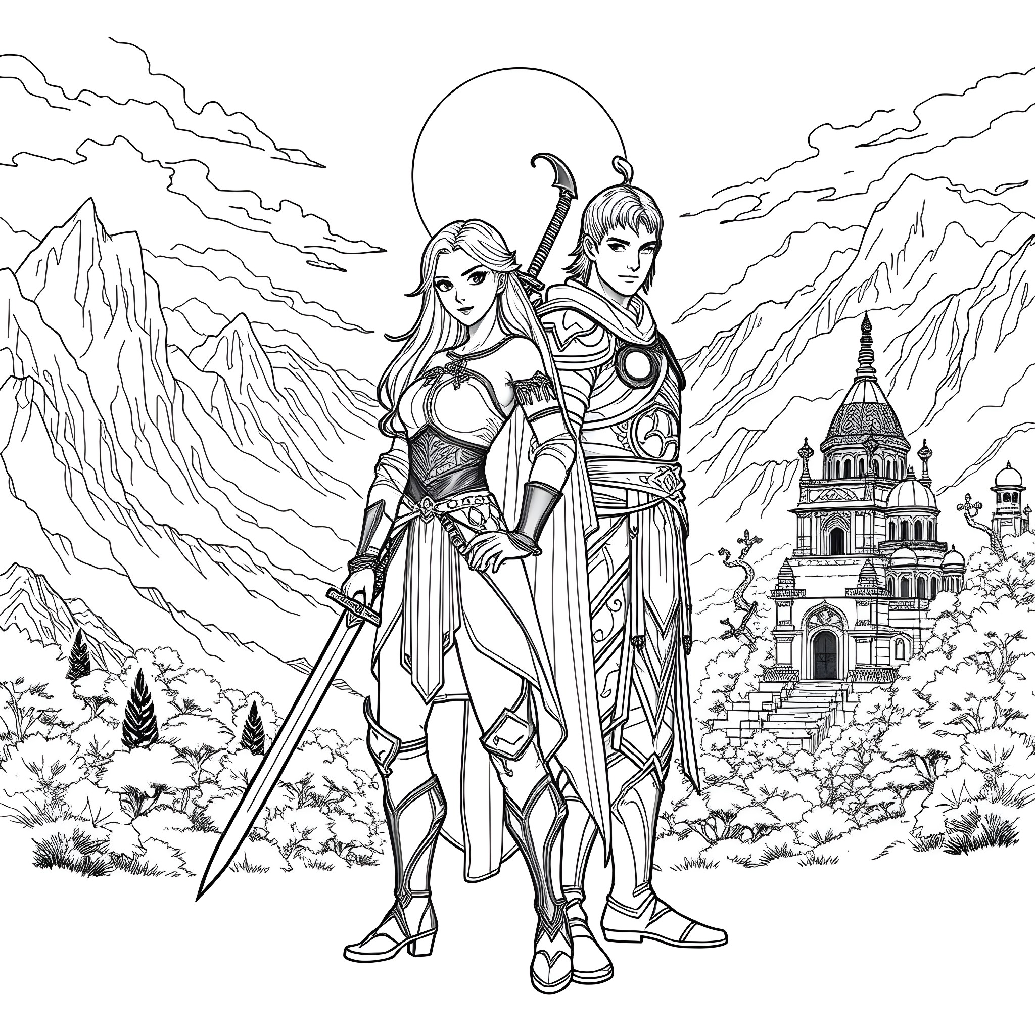 Raya and the Warrior on a Fantastical Adventure Coloring Page (free black-and-white line drawing printable PDF for all, from beginners to advanced learners, including children, teens, adults, and seniors)