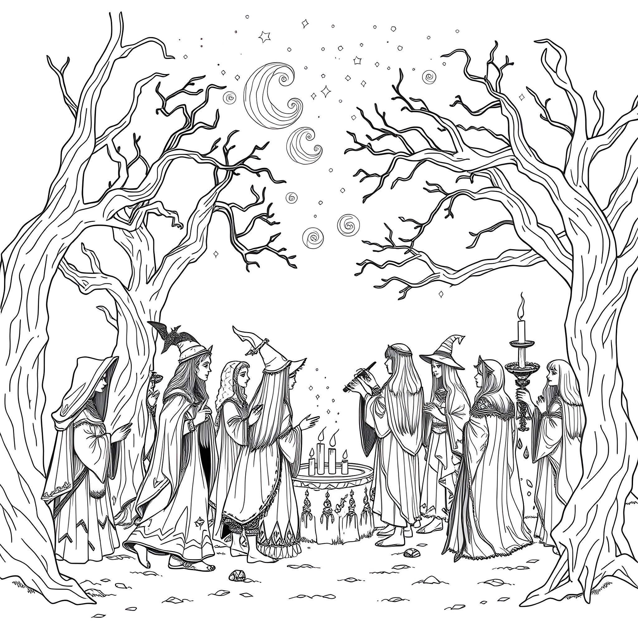 Witch Gathering Under Enchanted Moonlit Forest Coloring Page (free black-and-white line drawing printable PDF for all, from beginners to advanced learners, including children, teens, adults, and seniors)