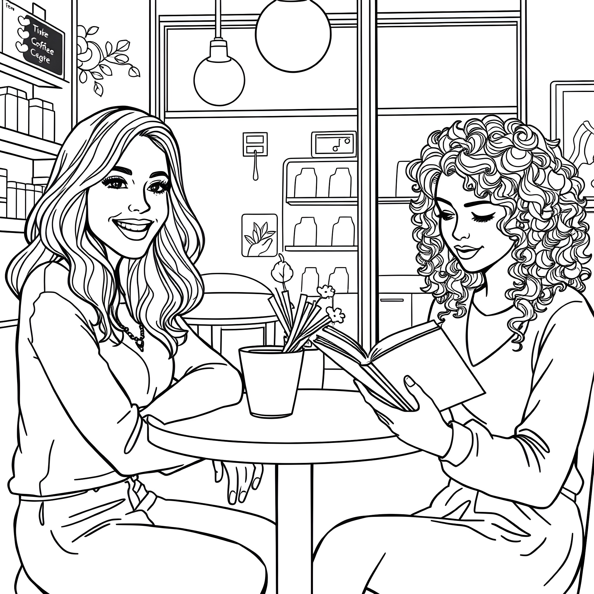 Women chatting and enjoying coffee in a cozy cafe Coloring Page (free black-and-white line drawing printable PDF for all, from beginners to advanced learners, including children, teens, adults, and seniors)