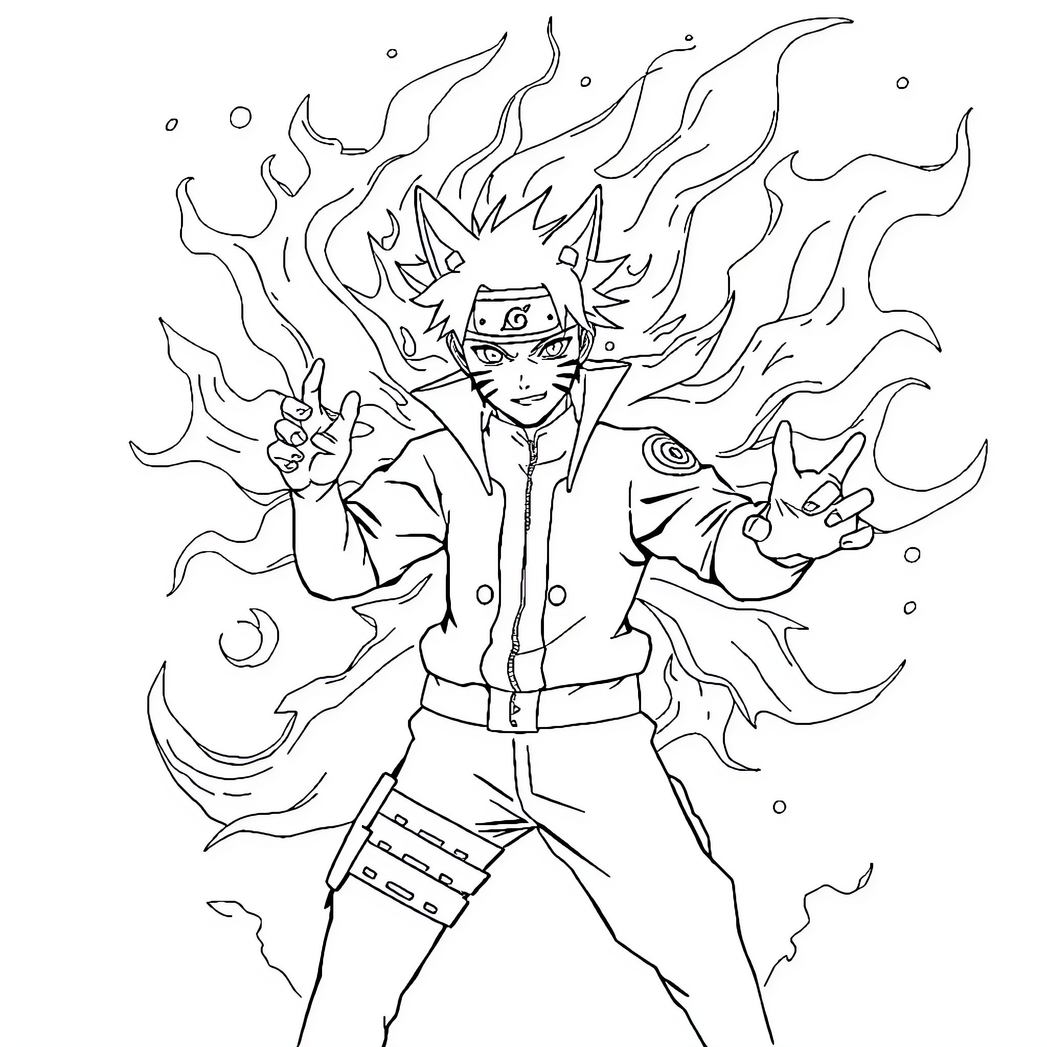 Naruto unleashing powerful ninja skills and energy Coloring Page (free black-and-white line drawing printable PDF for all, from beginners to advanced learners, including children, teens, adults, and seniors)