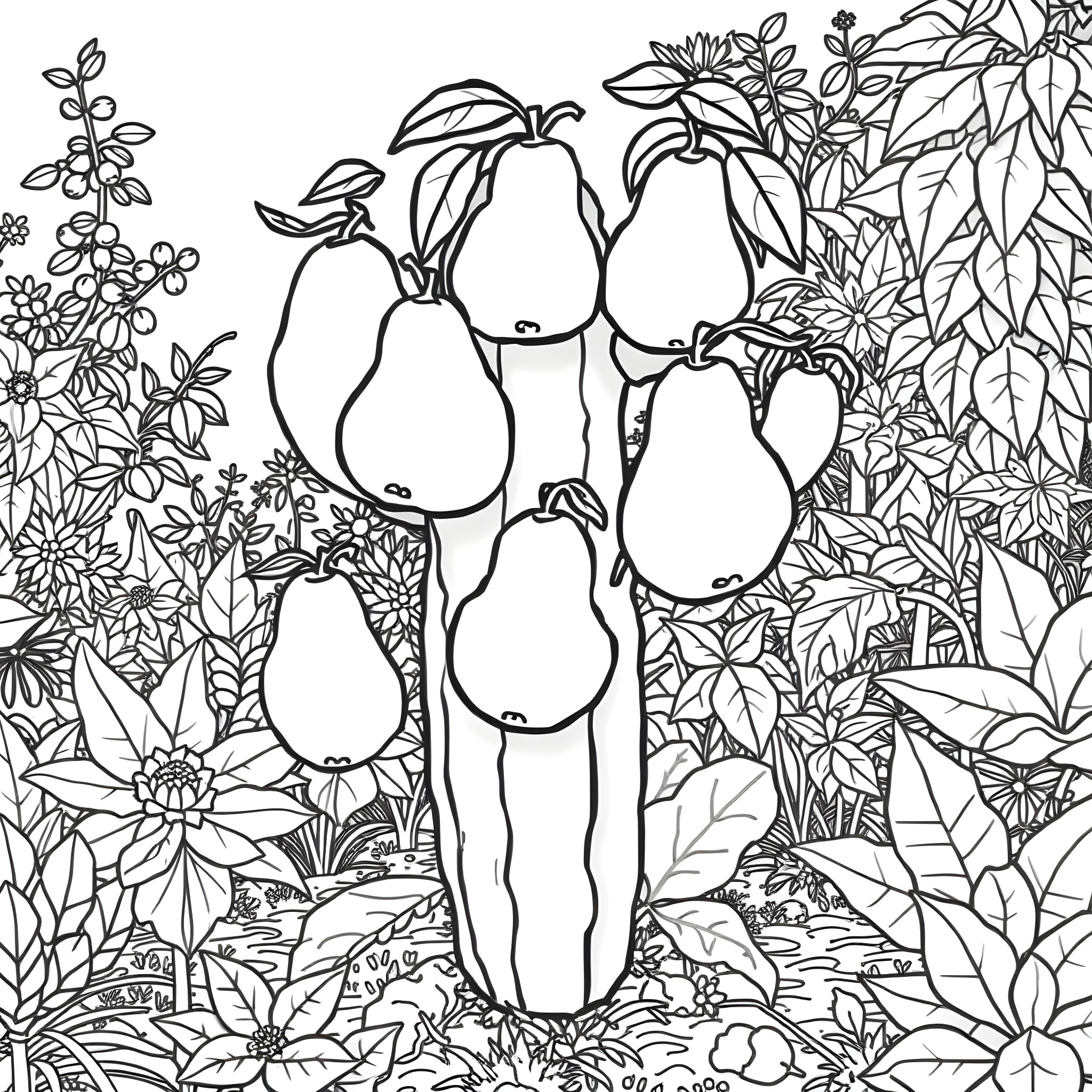 Cactus and pears in a floral garden Coloring Page (free black-and-white line drawing printable PDF for all, from beginners to advanced learners, including children, teens, adults, and seniors)