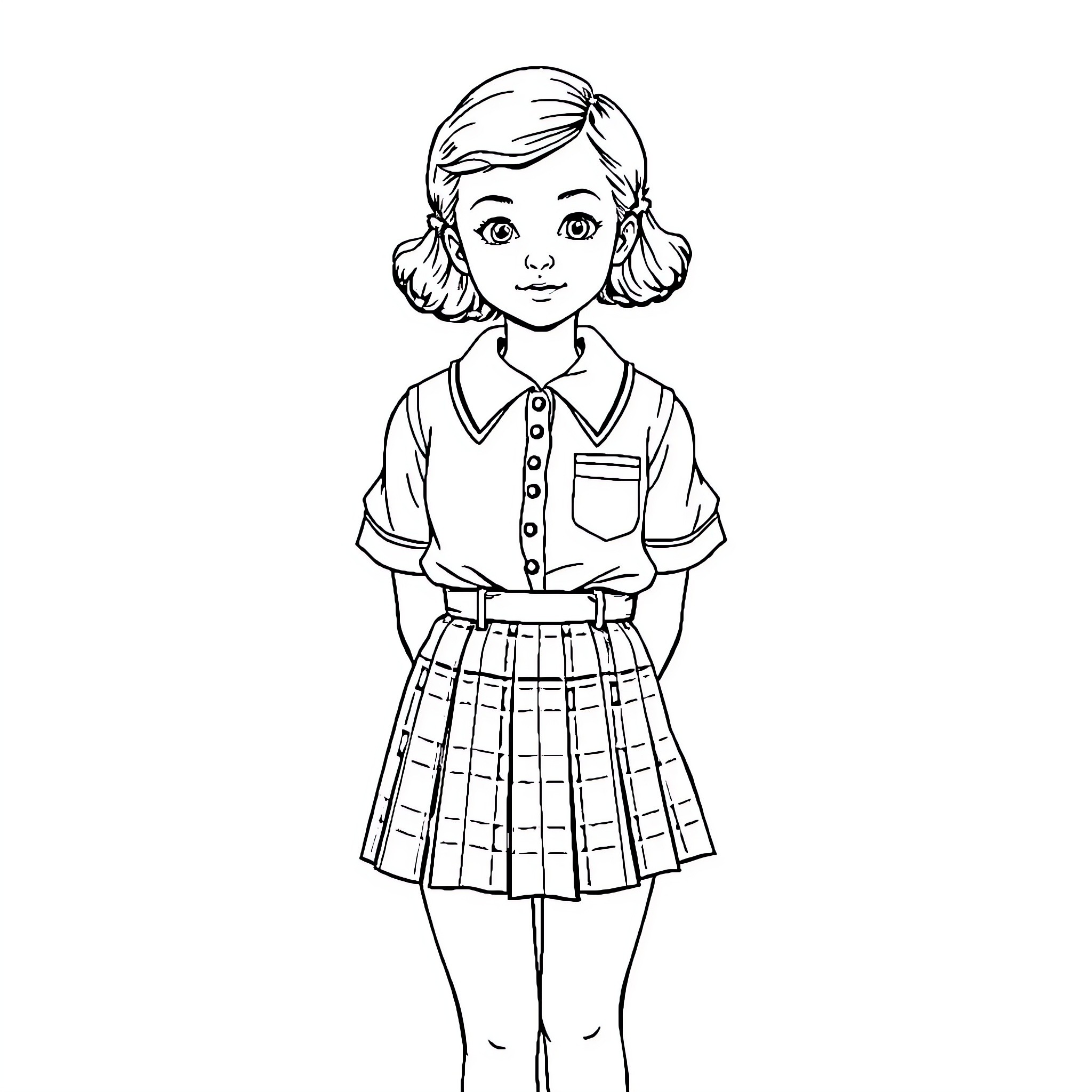 Schoolgirl in classic uniform with friendly expression Coloring Page (free black-and-white line drawing printable PDF for all, from beginners to advanced learners, including children, teens, adults, and seniors)