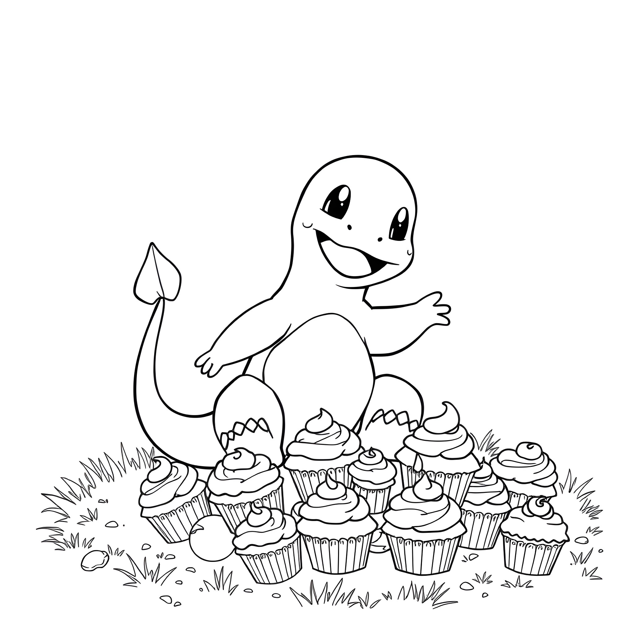 Charmander enjoying a feast of cupcakes in the meadow Coloring Page (free black-and-white line drawing printable PDF for all, from beginners to advanced learners, including children, teens, adults, and seniors)