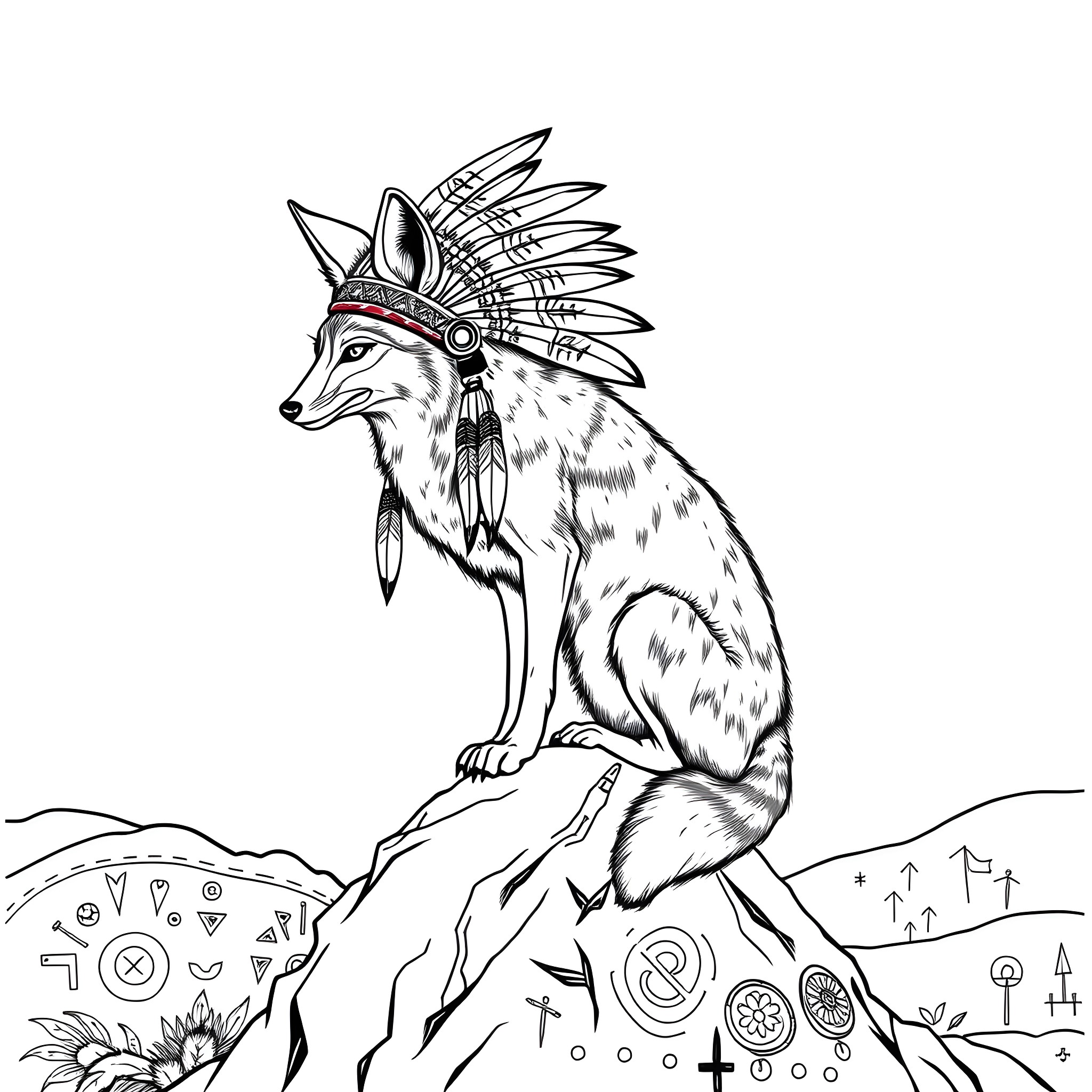 Coyote wearing intricate headdress in mystical landscape Coloring Page (free black-and-white line drawing printable PDF for all, from beginners to advanced learners, including children, teens, adults, and seniors)