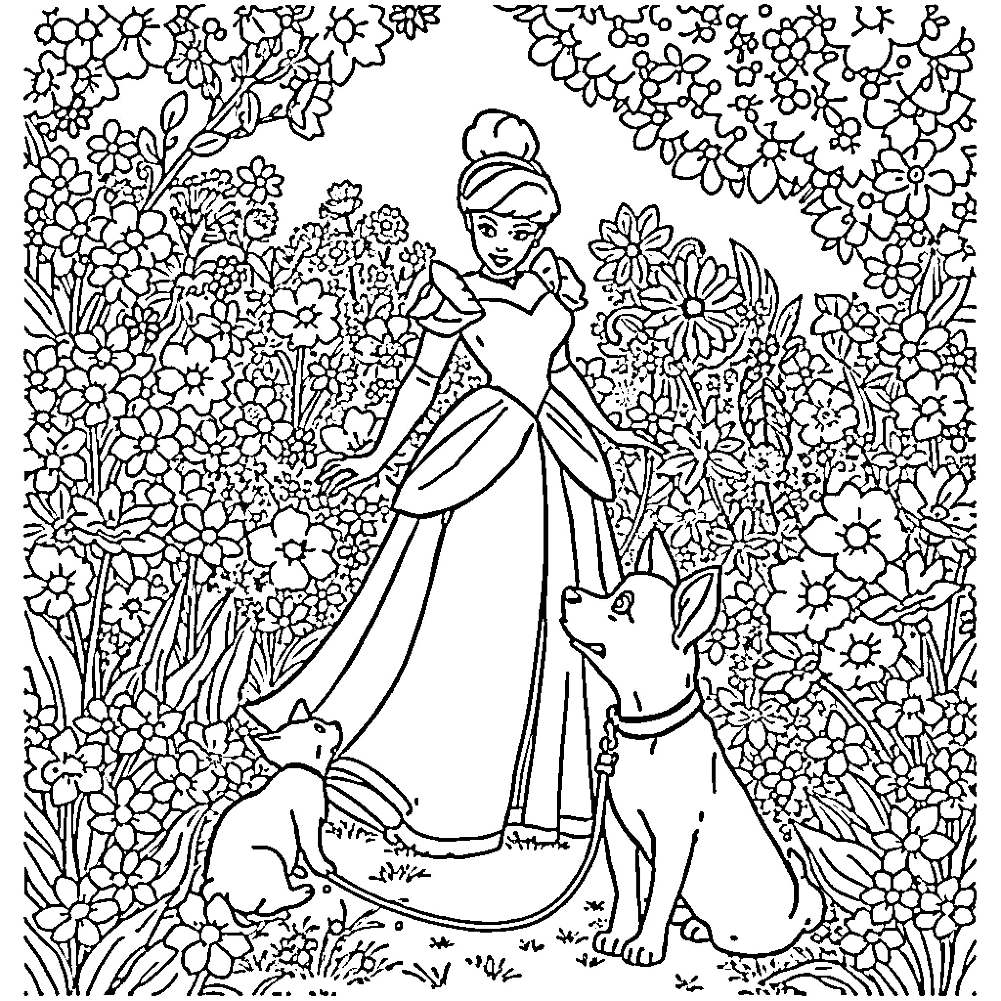 Cinderella with her animal companions in a floral garden Coloring Page (free black-and-white line drawing printable PDF for all, from beginners to advanced learners, including children, teens, adults, and seniors)
