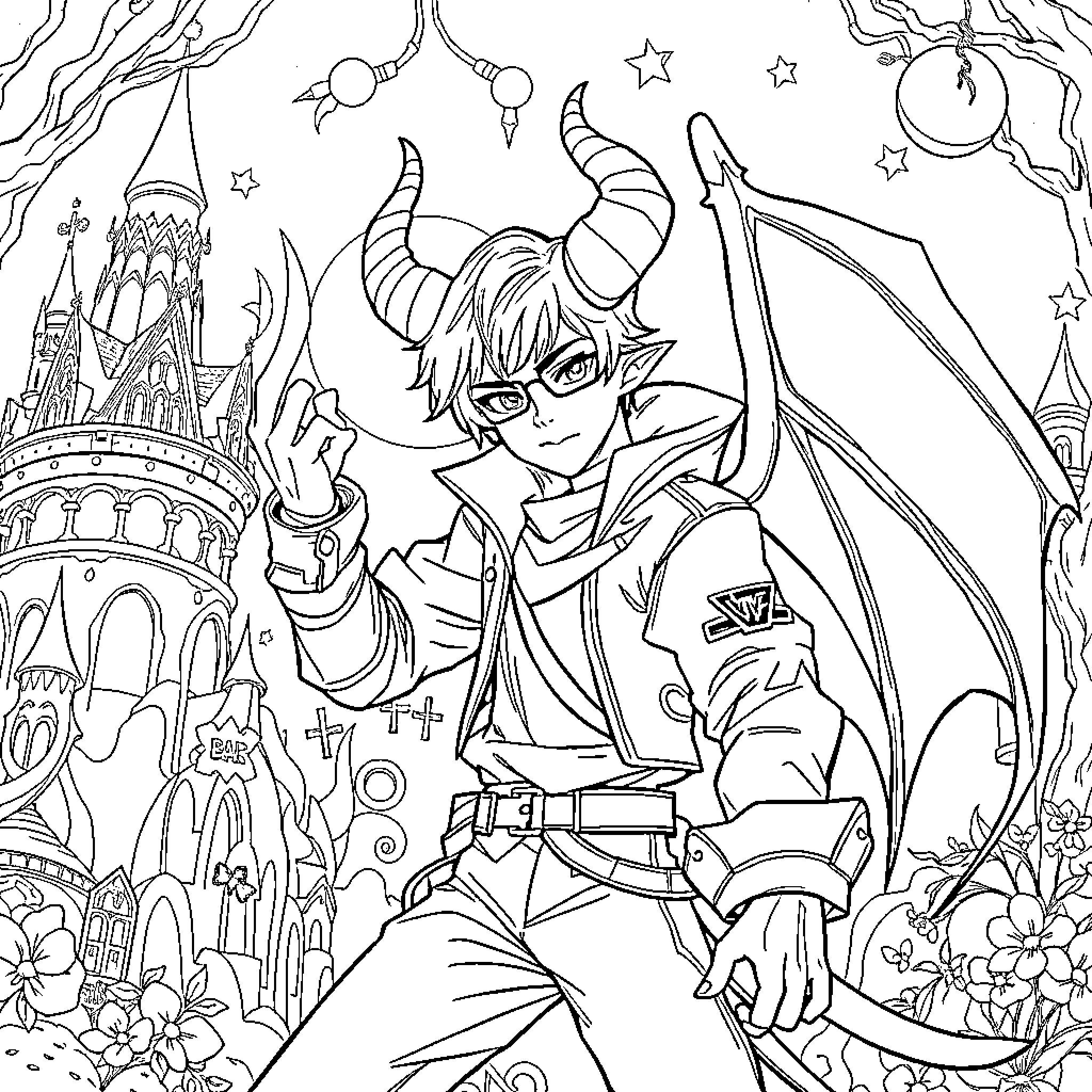 Demon Hunter Battles Fantastical Foes in Enchanted Realm Coloring Page (free black-and-white line drawing printable PDF for all, from beginners to advanced learners, including children, teens, adults, and seniors)
