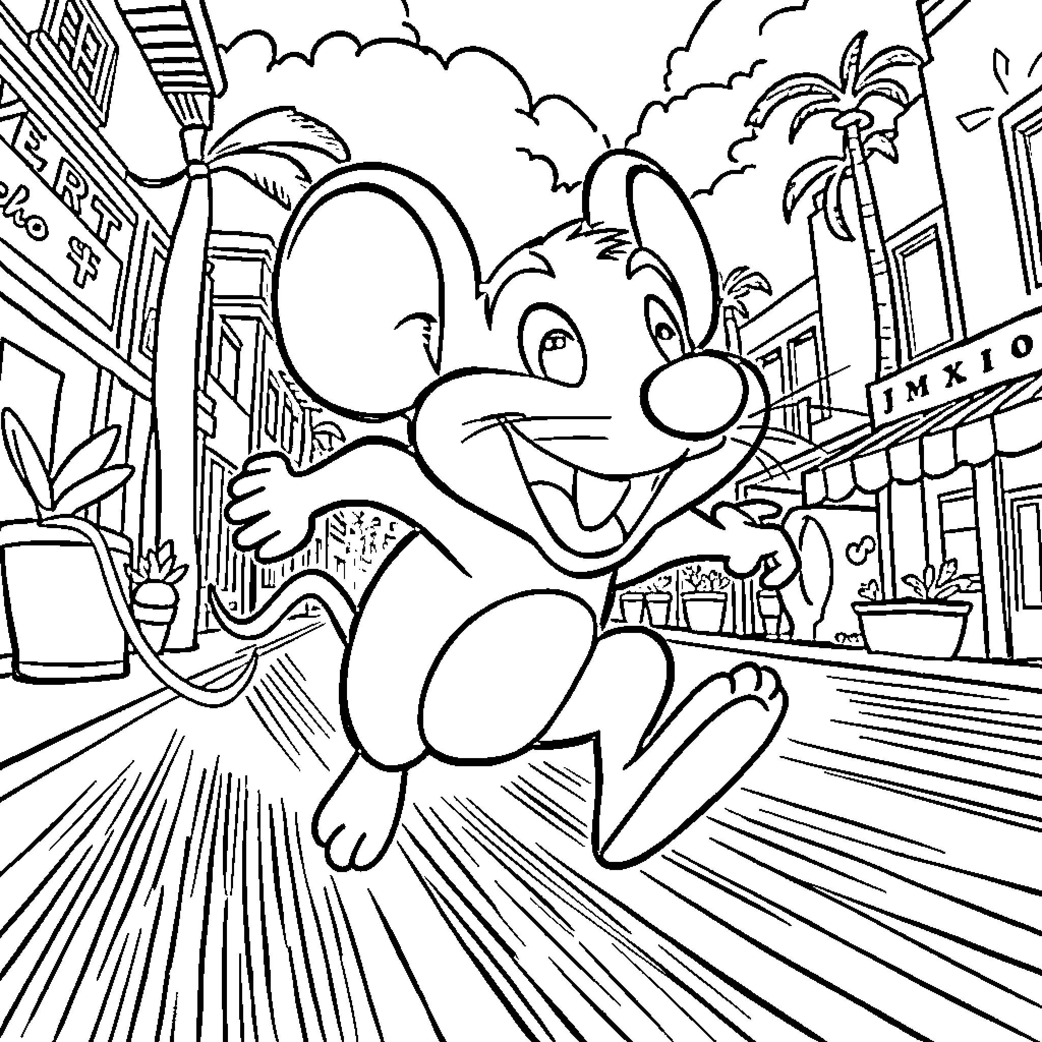 Speedy González dashing through a lively city scene Coloring Page (free black-and-white line drawing printable PDF for all, from beginners to advanced learners, including children, teens, adults, and seniors)