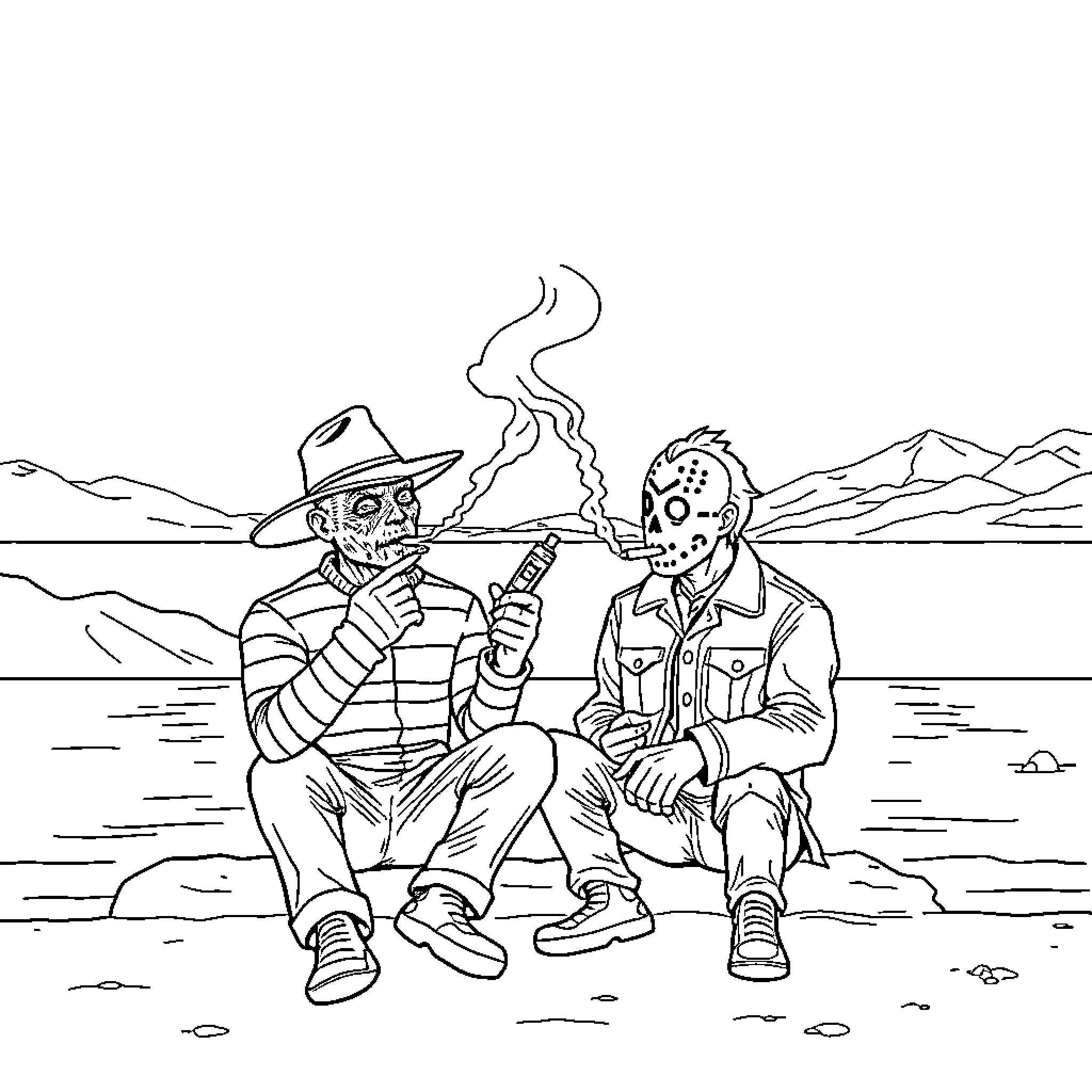 Freddy and Jason sharing a campfire in the wilderness Coloring Page (free black-and-white line drawing printable PDF for all, from beginners to advanced learners, including children, teens, adults, and seniors)