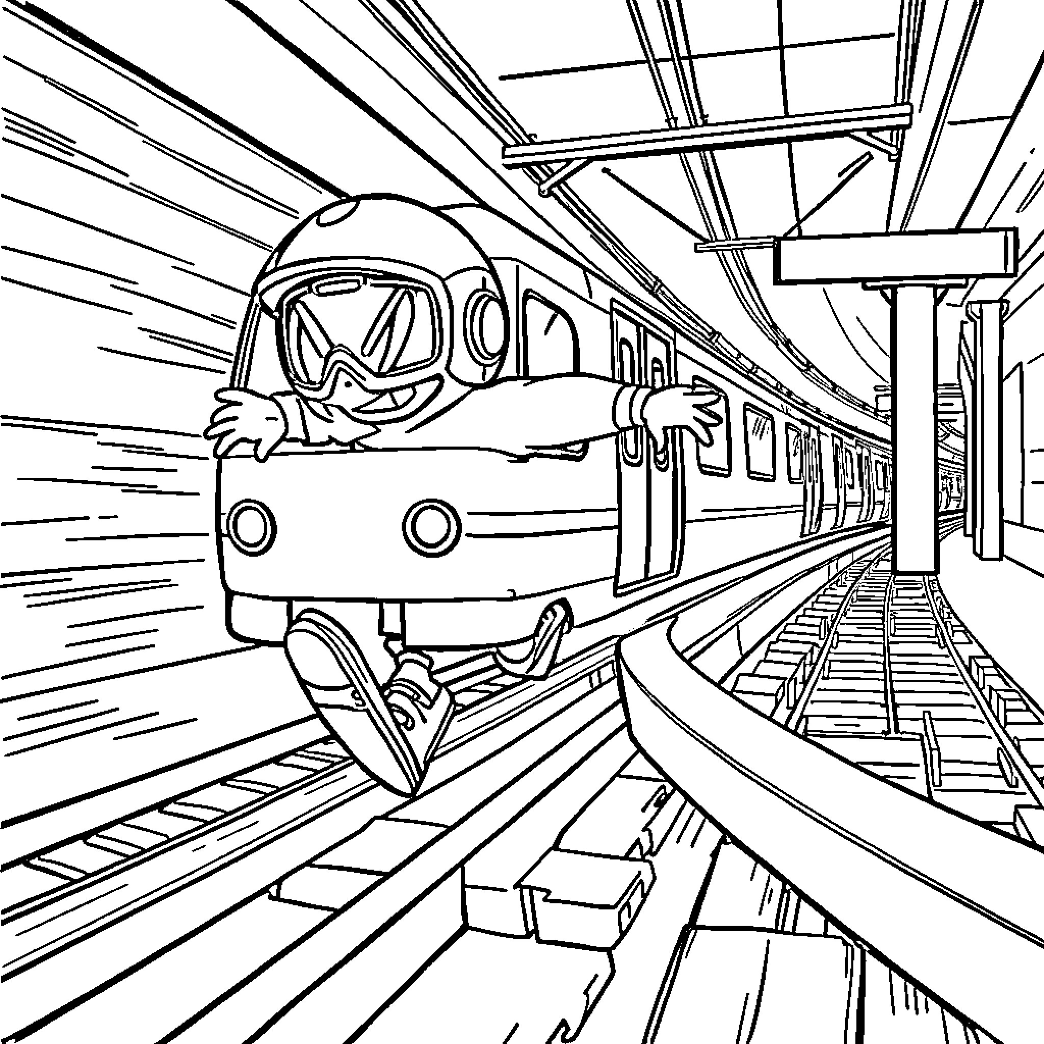 Subway Surfer in High-Speed Transit Station Coloring Page (free black-and-white line drawing printable PDF for all, from beginners to advanced learners, including children, teens, adults, and seniors)