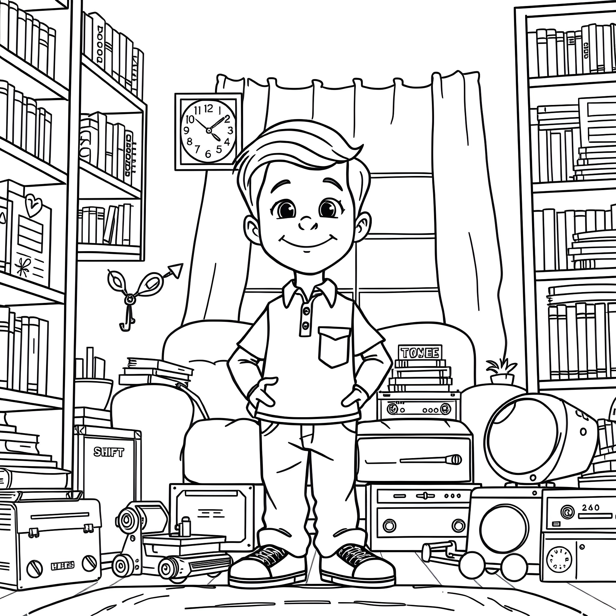 Sheldon's Room Full of Gadgets and Curiosities Coloring Page (free black-and-white line drawing printable PDF for all, from beginners to advanced learners, including children, teens, adults, and seniors)