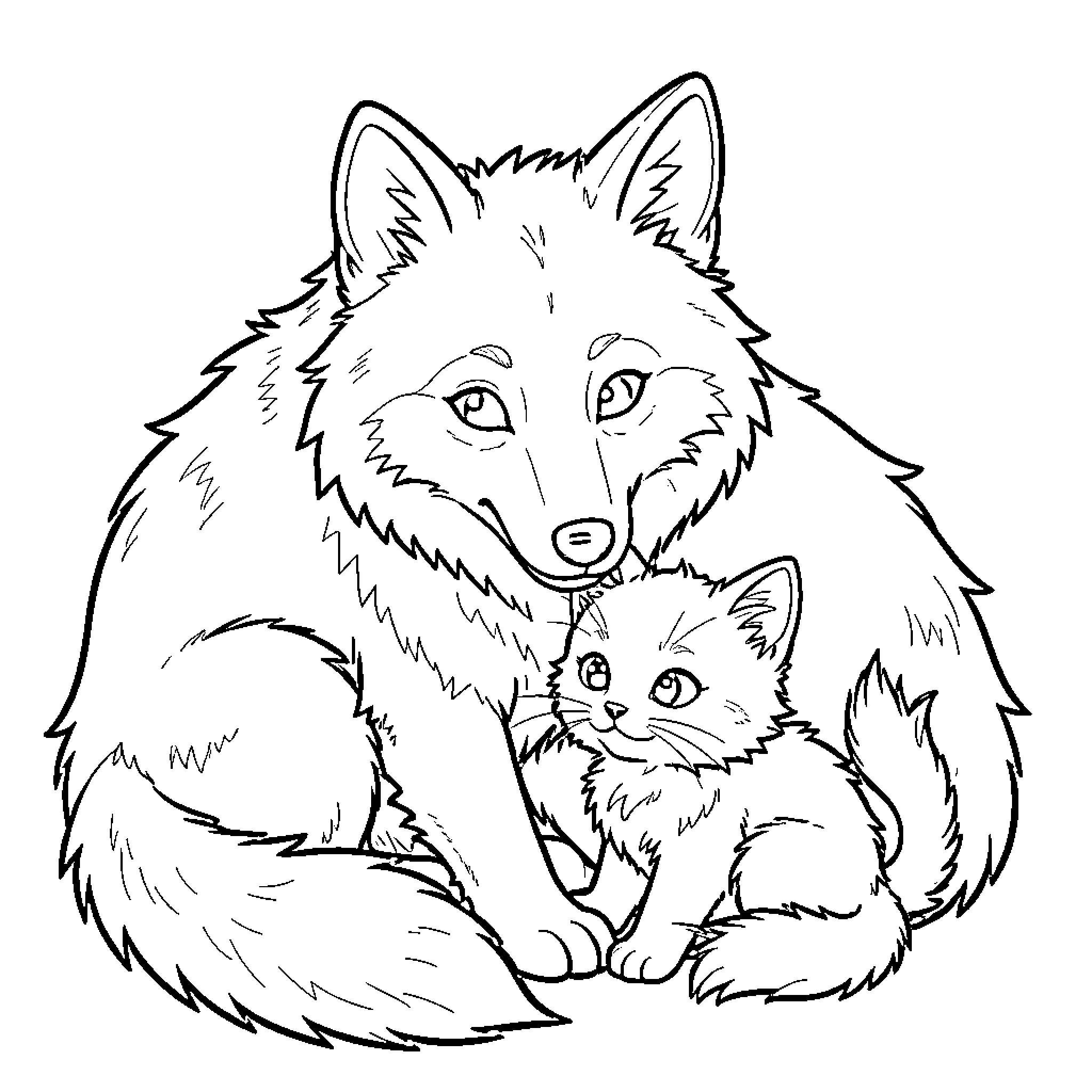 Wolf with its cute kitten companion Coloring Page (free black-and-white line drawing printable PDF for all, from beginners to advanced learners, including children, teens, adults, and seniors)