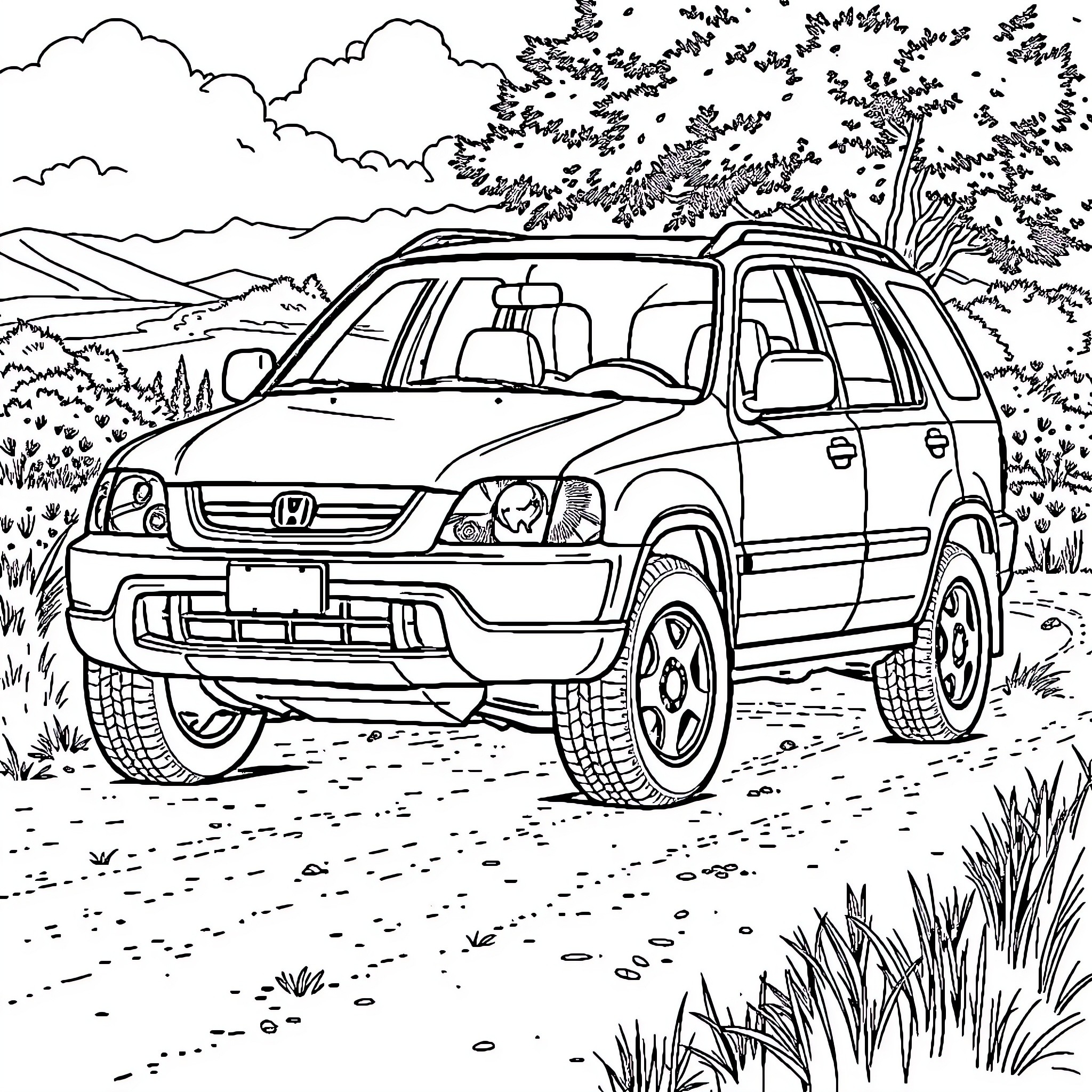 Honda CR-V enjoying off-road adventure in nature Coloring Page (free black-and-white line drawing printable PDF for all, from beginners to advanced learners, including children, teens, adults, and seniors)