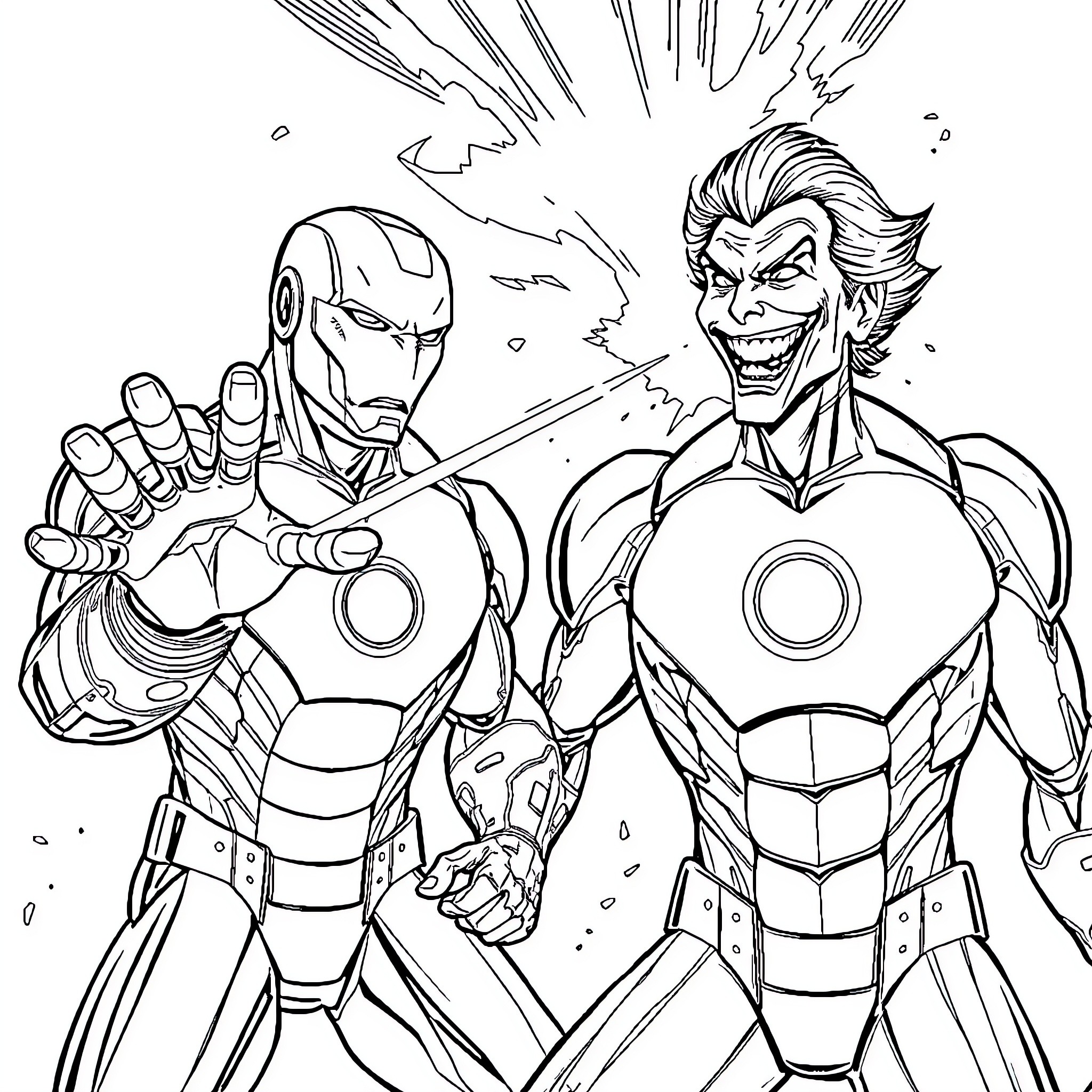 Iron Man in epic battle with the Joker Coloring Page (free black-and-white line drawing printable PDF for all, from beginners to advanced learners, including children, teens, adults, and seniors)