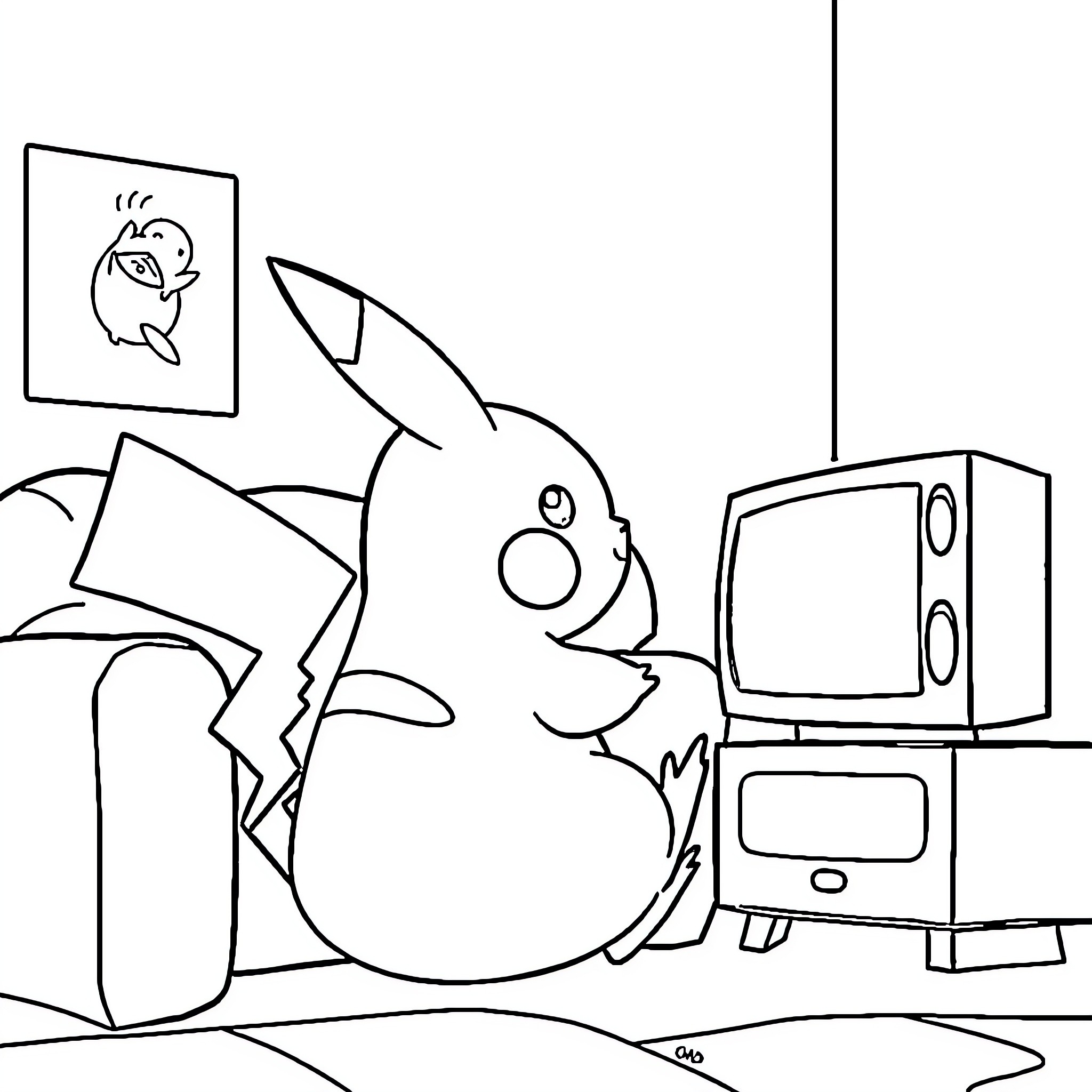 Pikachu playing video games happily at home Coloring Page (free black-and-white line drawing printable PDF for all, from beginners to advanced learners, including children, teens, adults, and seniors)