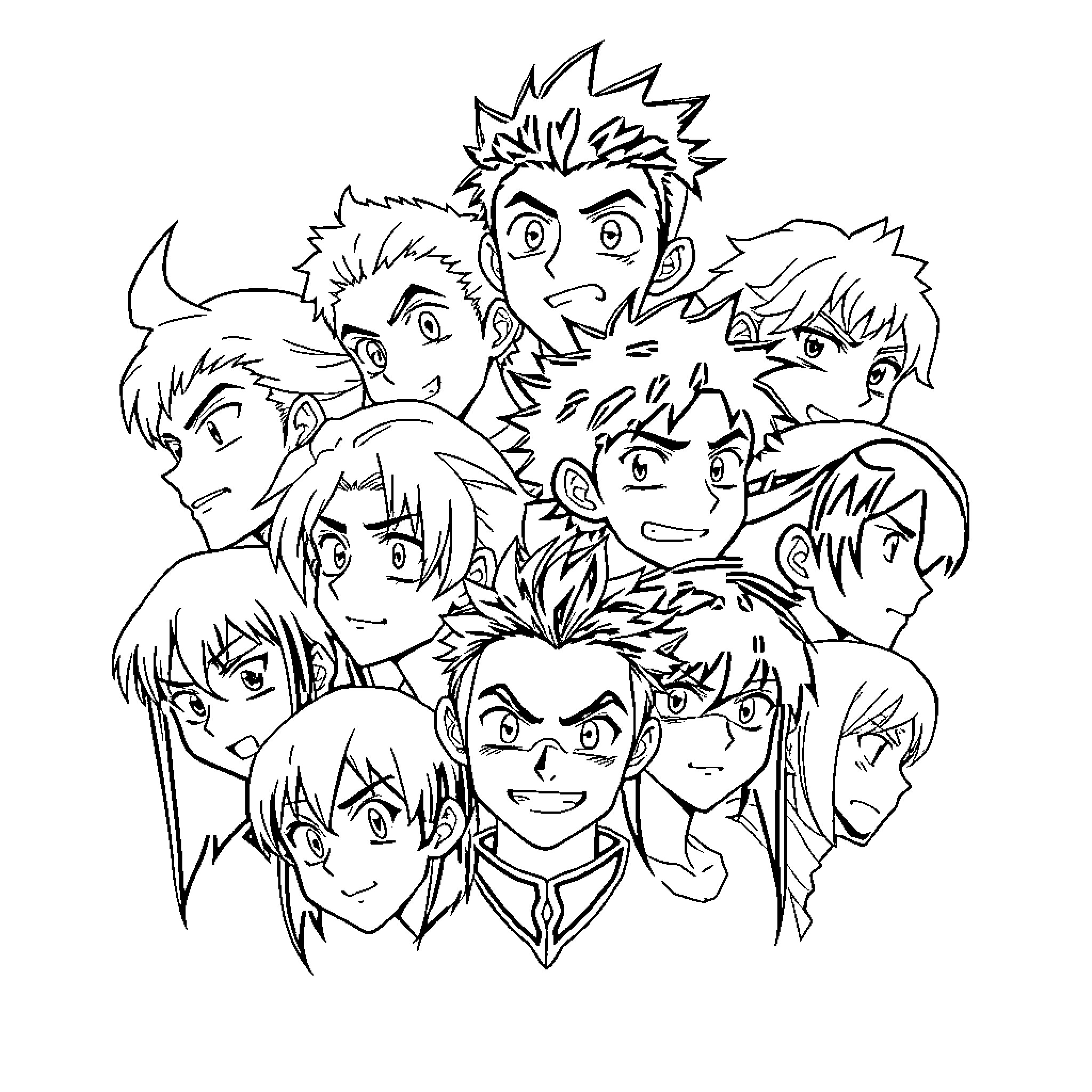 Dr Stone: Faces of Adventurous Anime Characters Coloring Page (free black-and-white line drawing printable PDF for all, from beginners to advanced learners, including children, teens, adults, and seniors)