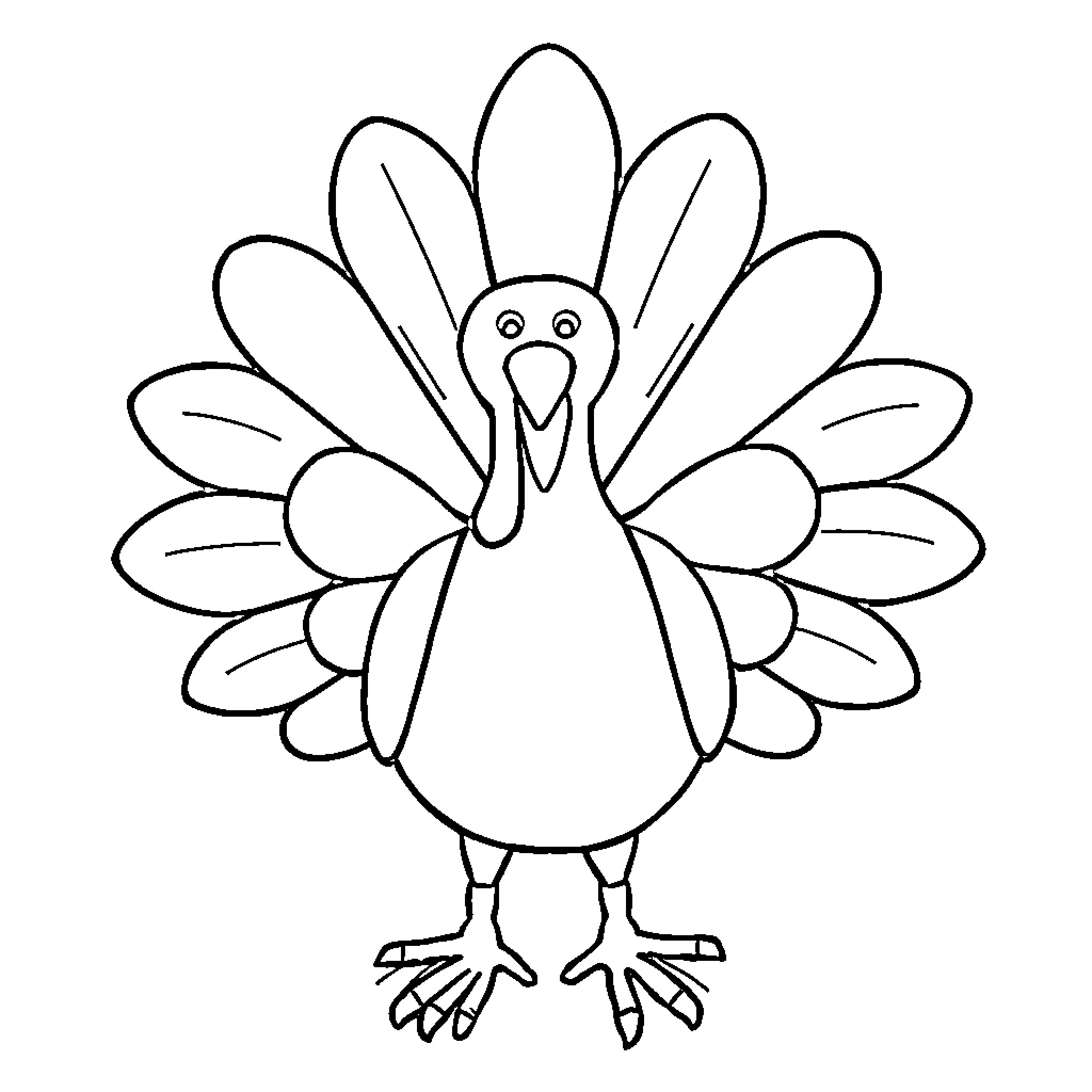 Turkey with expressive features and open feathers Coloring Page (free black-and-white line drawing printable PDF for all, from beginners to advanced learners, including children, teens, adults, and seniors)