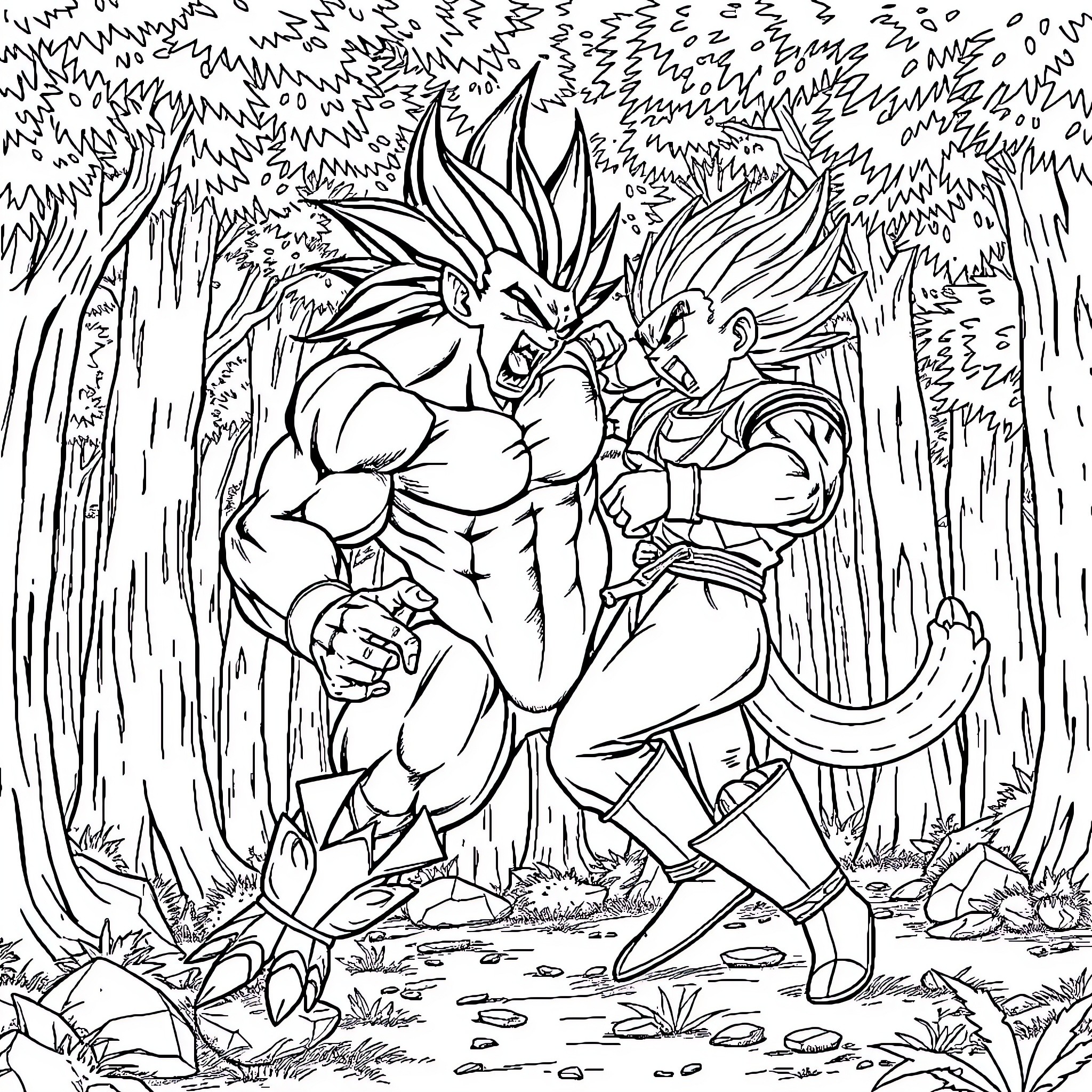 Sangoku characters in fierce battle in the wilderness Coloring Page (free black-and-white line drawing printable PDF for all, from beginners to advanced learners, including children, teens, adults, and seniors)