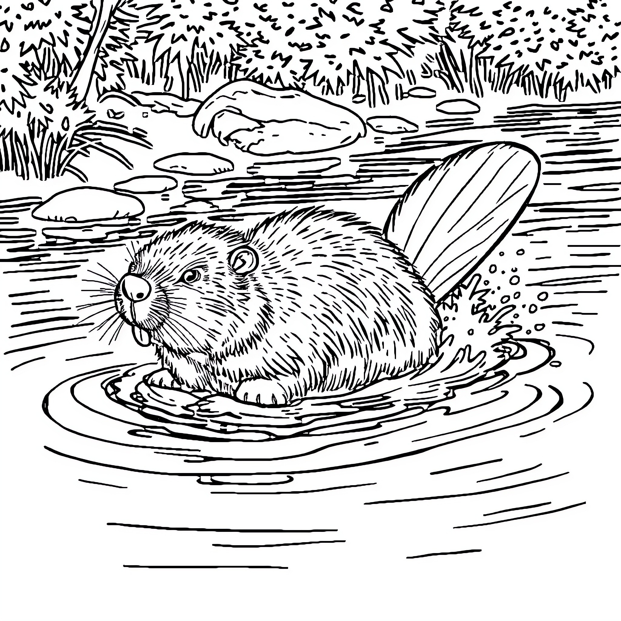 Beaver swimming in the pond Coloring Page (free black-and-white line drawing printable PDF for all, from beginners to advanced learners, including children, teens, adults, and seniors)