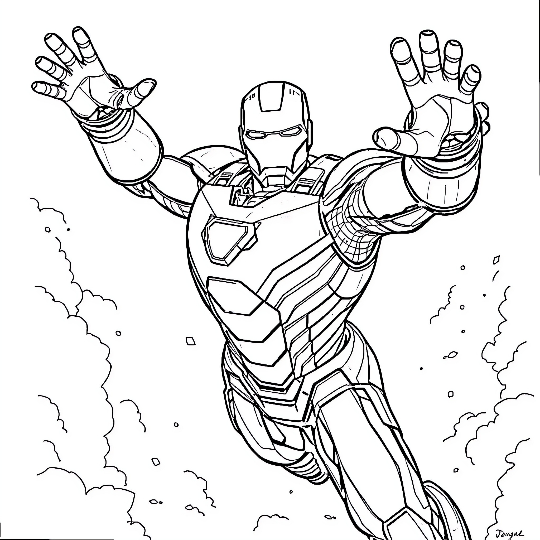 Ironman heroically soaring through the sky Coloring Page (free black-and-white line drawing printable PDF for all, from beginners to advanced learners, including children, teens, adults, and seniors)