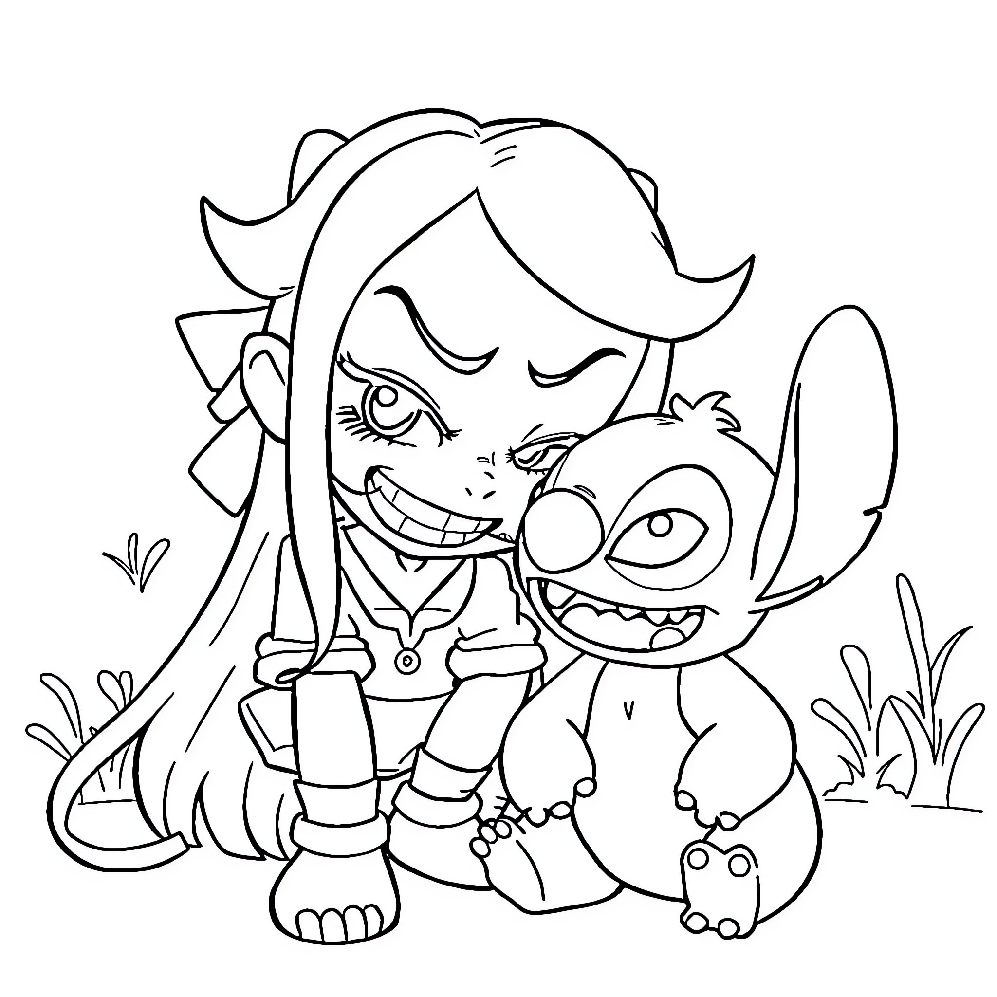 Kuromi and Stitch in a playful scene Coloring Page (free black-and-white line drawing printable PDF for all, from beginners to advanced learners, including children, teens, adults, and seniors)