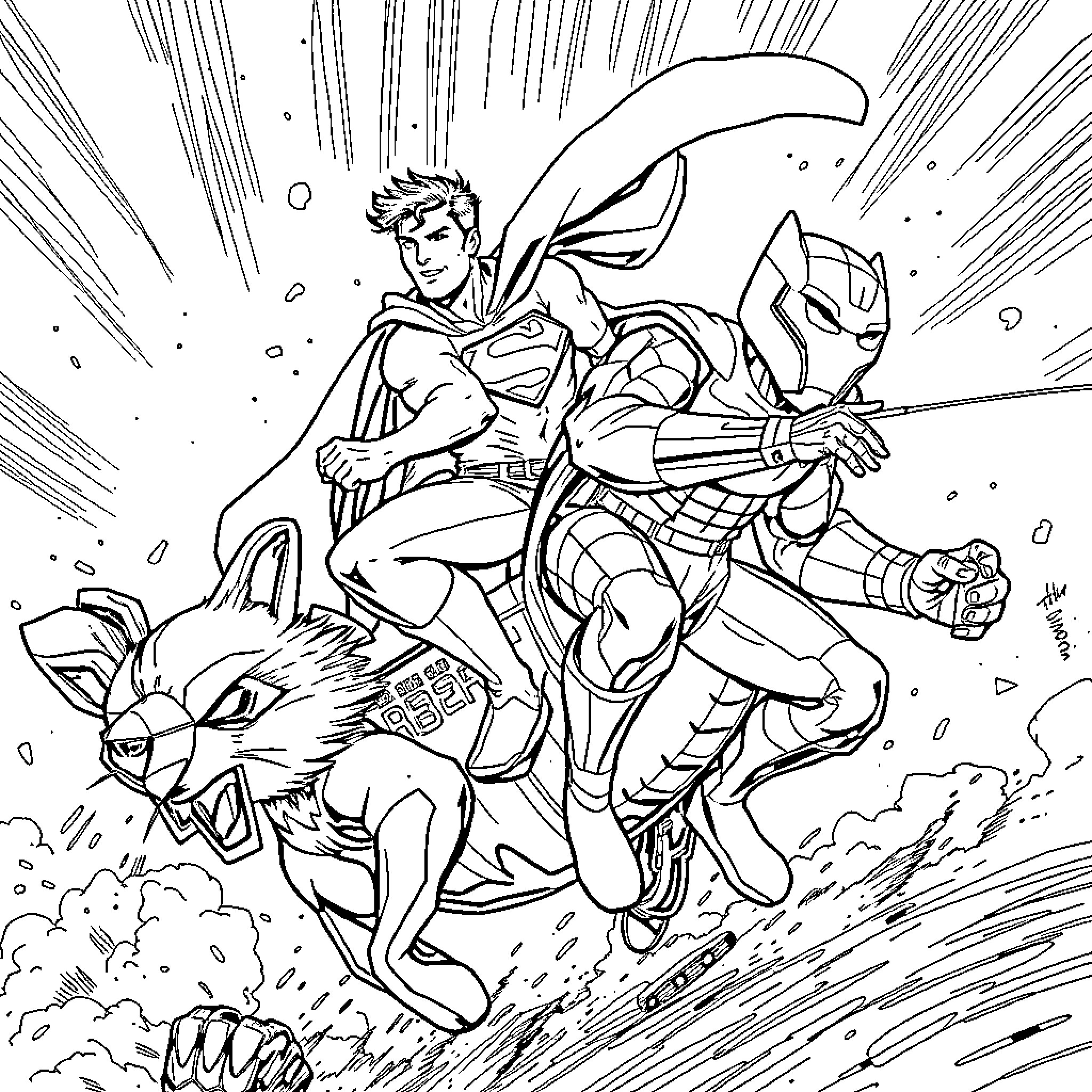 Beastboy battles alongside heroic allies in action-packed scene Coloring Page (free black-and-white line drawing printable PDF for all, from beginners to advanced learners, including children, teens, adults, and seniors)