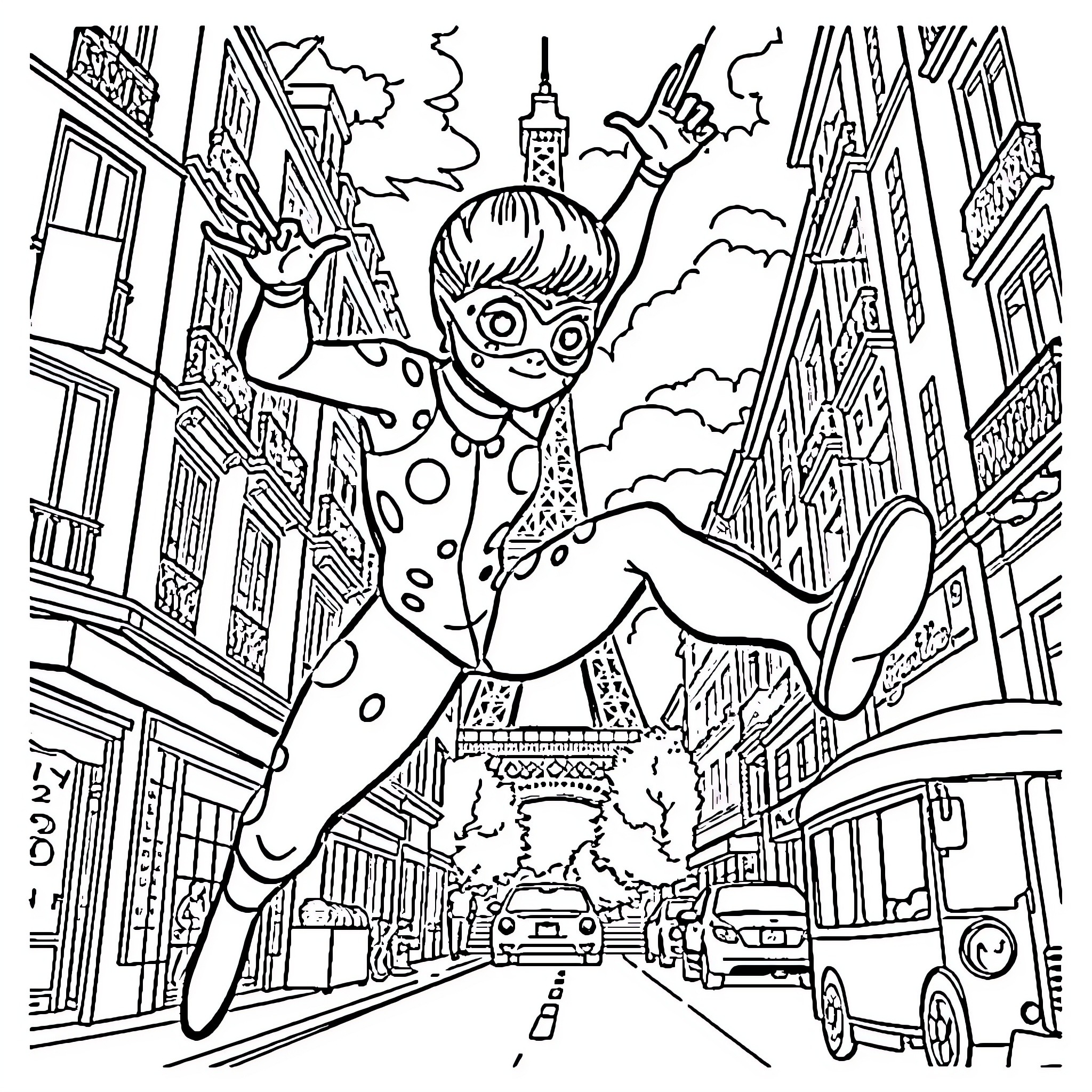 Miraculous Ladybug swinging through the bustling city Coloring Page (free black-and-white line drawing printable PDF for all, from beginners to advanced learners, including children, teens, adults, and seniors)