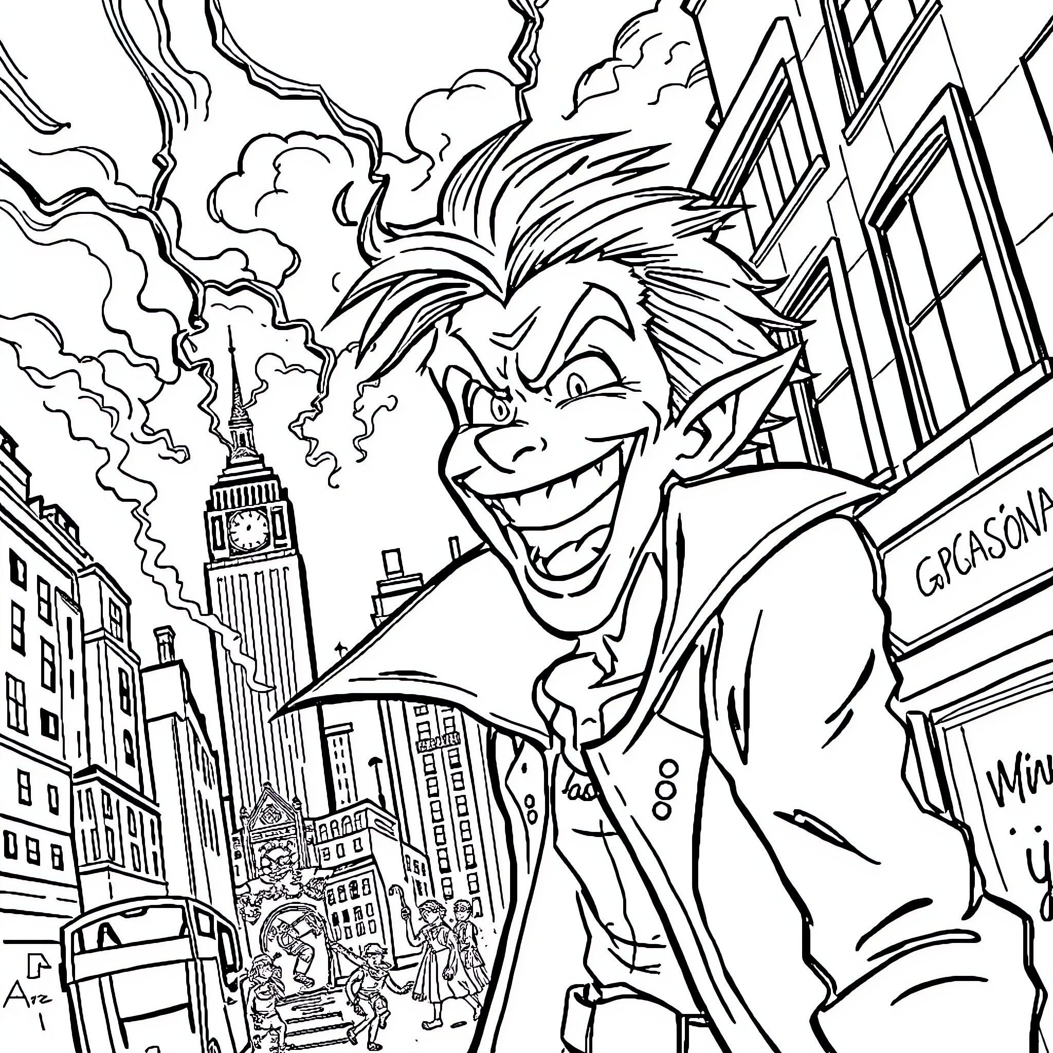 Joker causing chaos in the city Coloring Page (free black-and-white line drawing printable PDF for all, from beginners to advanced learners, including children, teens, adults, and seniors)