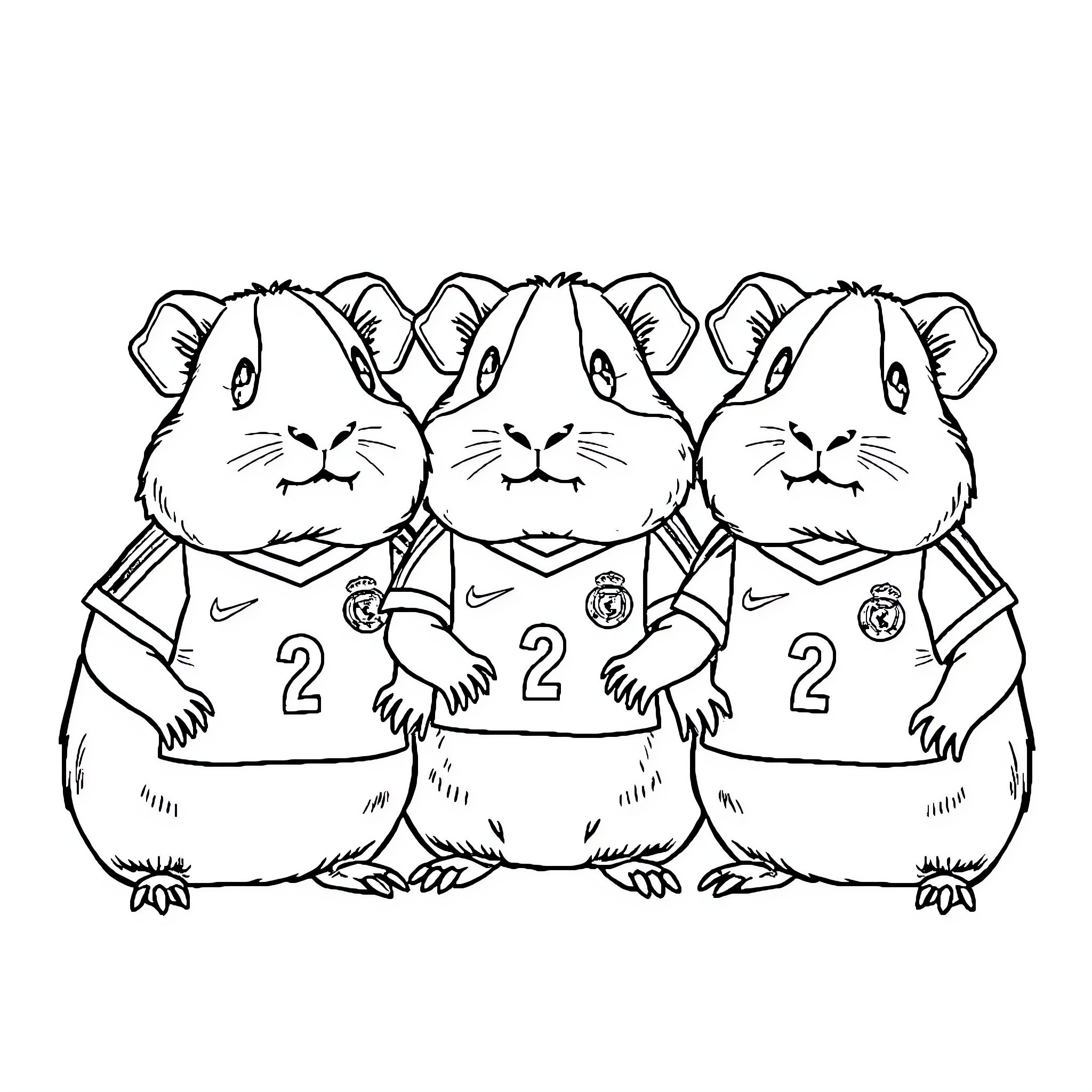 Guinea Pigs Wearing Soccer Jerseys Coloring Page (free black-and-white line drawing printable PDF for all, from beginners to advanced learners, including children, teens, adults, and seniors)