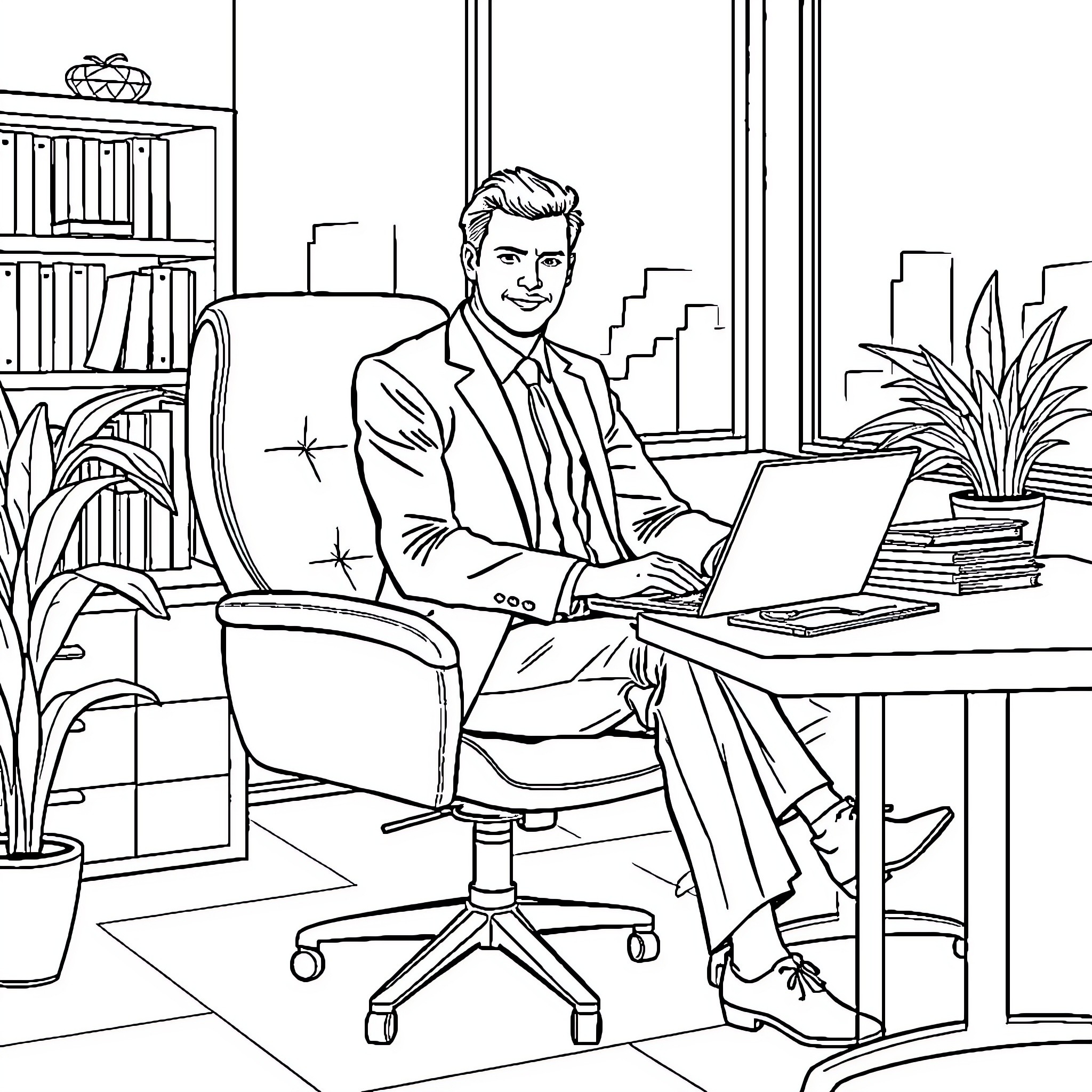 Accountant working diligently at office desk Coloring Page (free black-and-white line drawing printable PDF for all, from beginners to advanced learners, including children, teens, adults, and seniors)