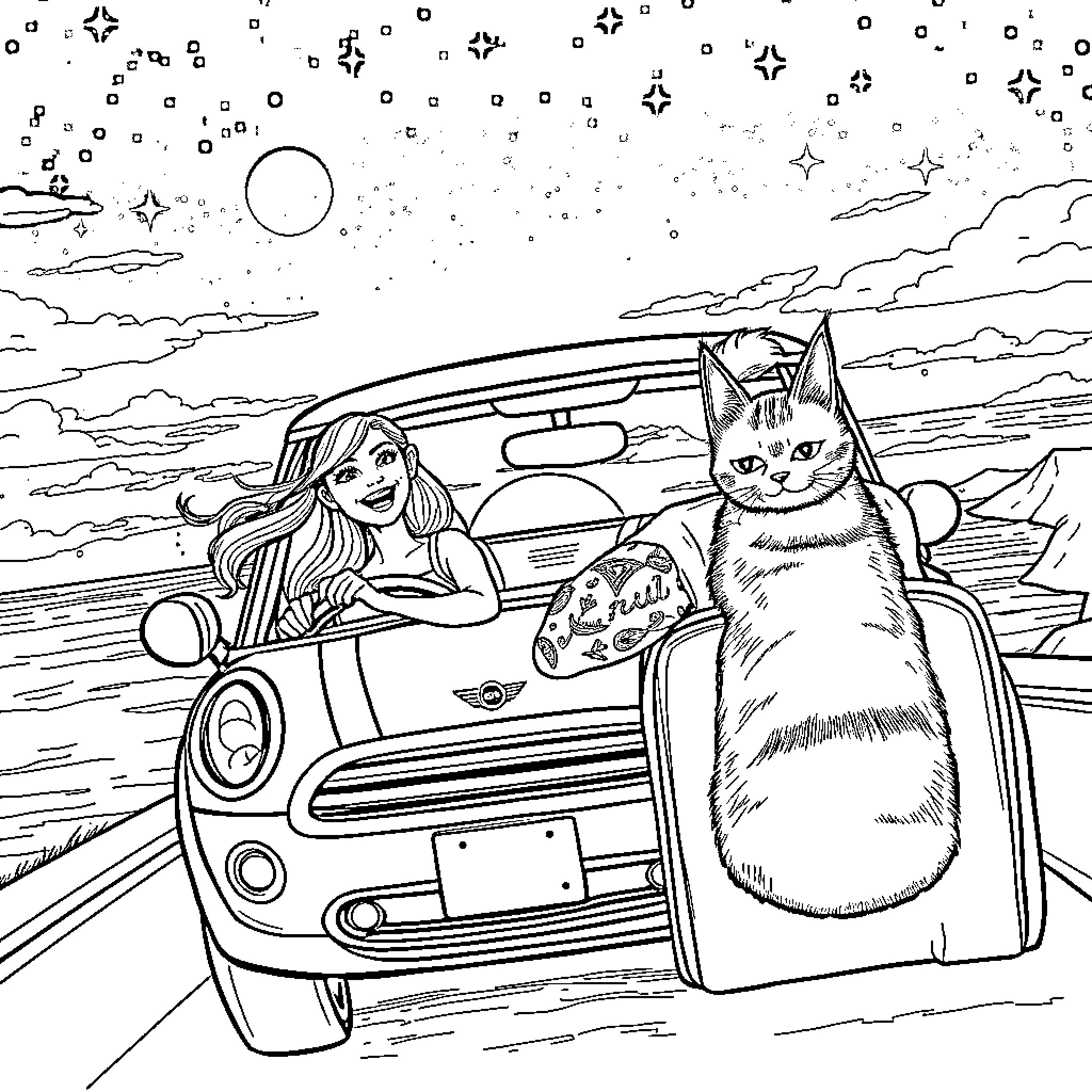 Couple on a road trip with their cat Coloring Page (free black-and-white line drawing printable PDF for all, from beginners to advanced learners, including children, teens, adults, and seniors)