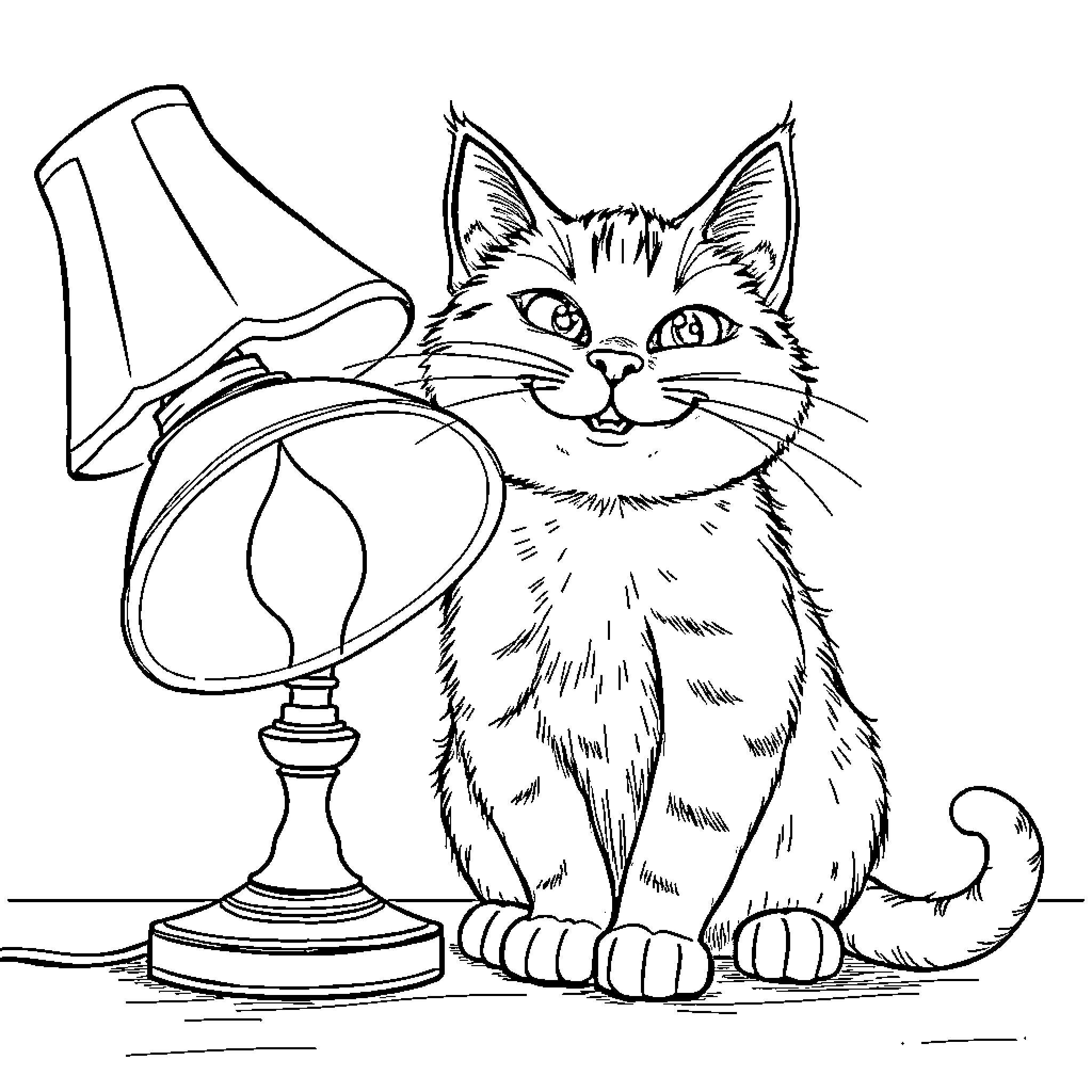Cat enjoying the warmth of a lamp Coloring Page (free black-and-white line drawing printable PDF for all, from beginners to advanced learners, including children, teens, adults, and seniors)