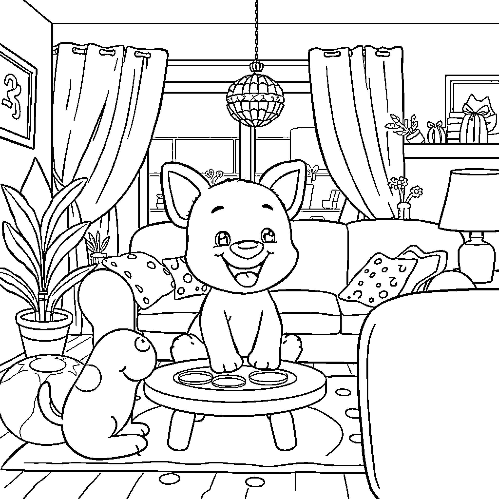 Bluey's Cozy Living Room Adventure Coloring Page (free black-and-white line drawing printable PDF for all, from beginners to advanced learners, including children, teens, adults, and seniors)