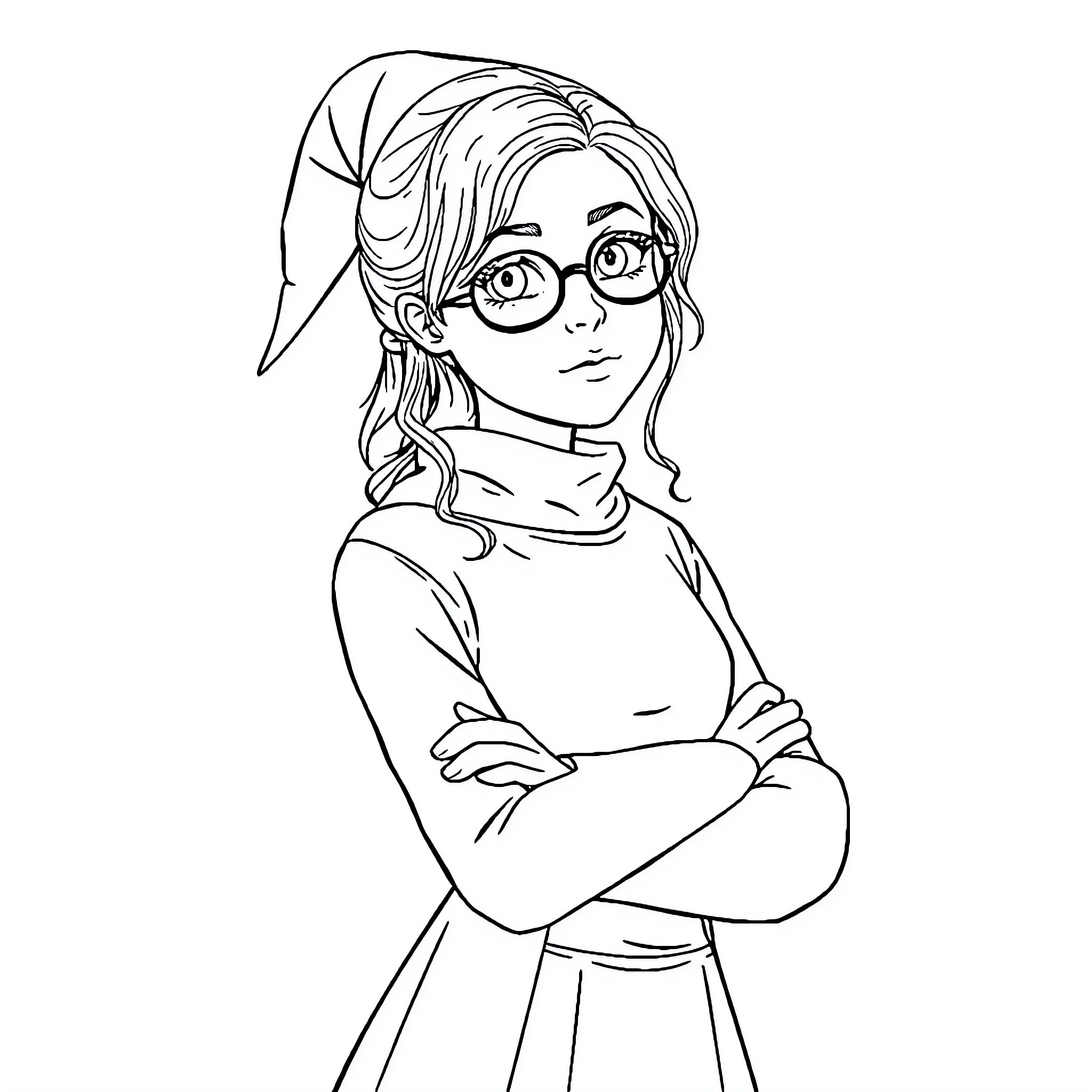 Hermione Granger in a thoughtful pose Coloring Page (free black-and-white line drawing printable PDF for all, from beginners to advanced learners, including children, teens, adults, and seniors)