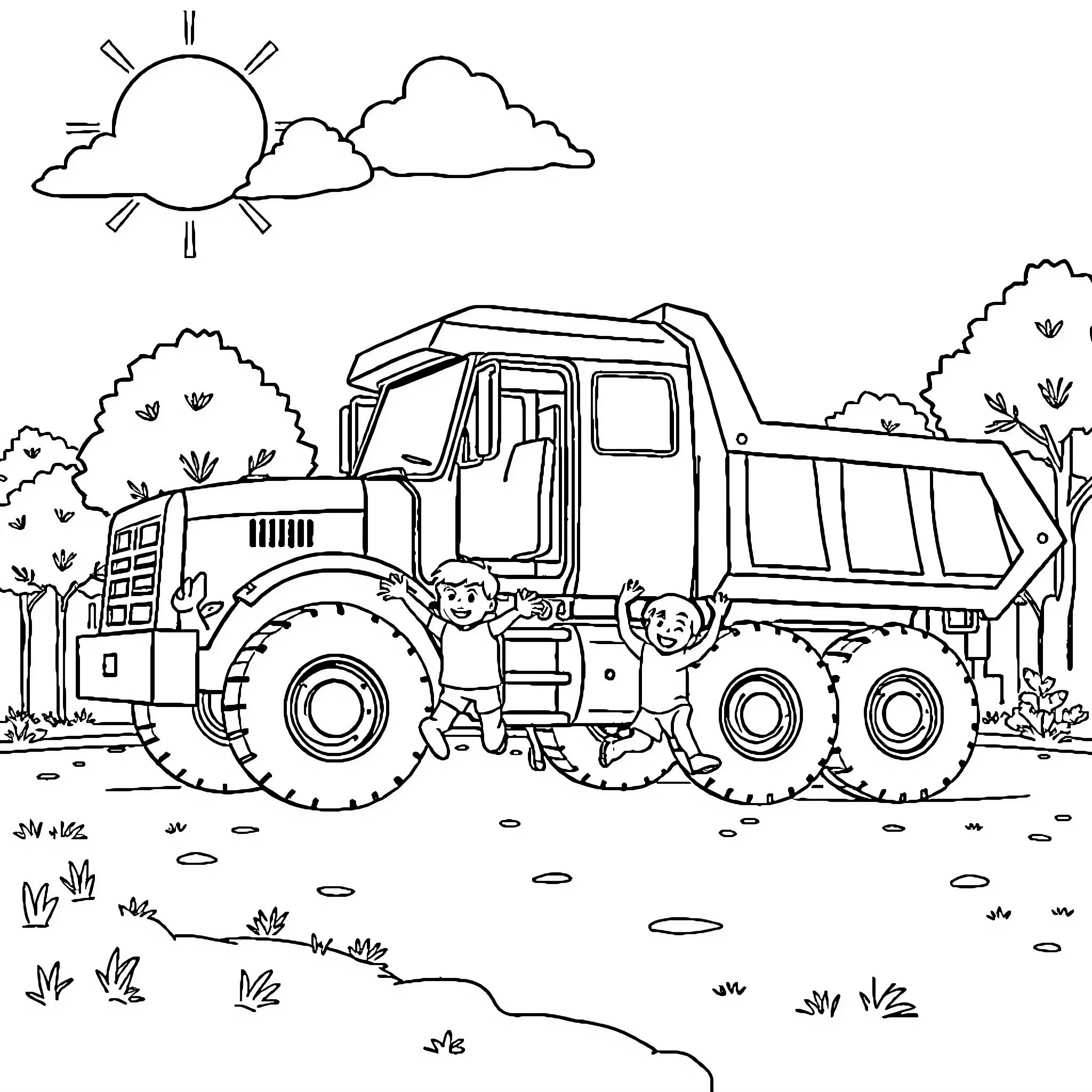Lorry transporting children in the countryside Coloring Page (free black-and-white line drawing printable PDF for all, from beginners to advanced learners, including children, teens, adults, and seniors)
