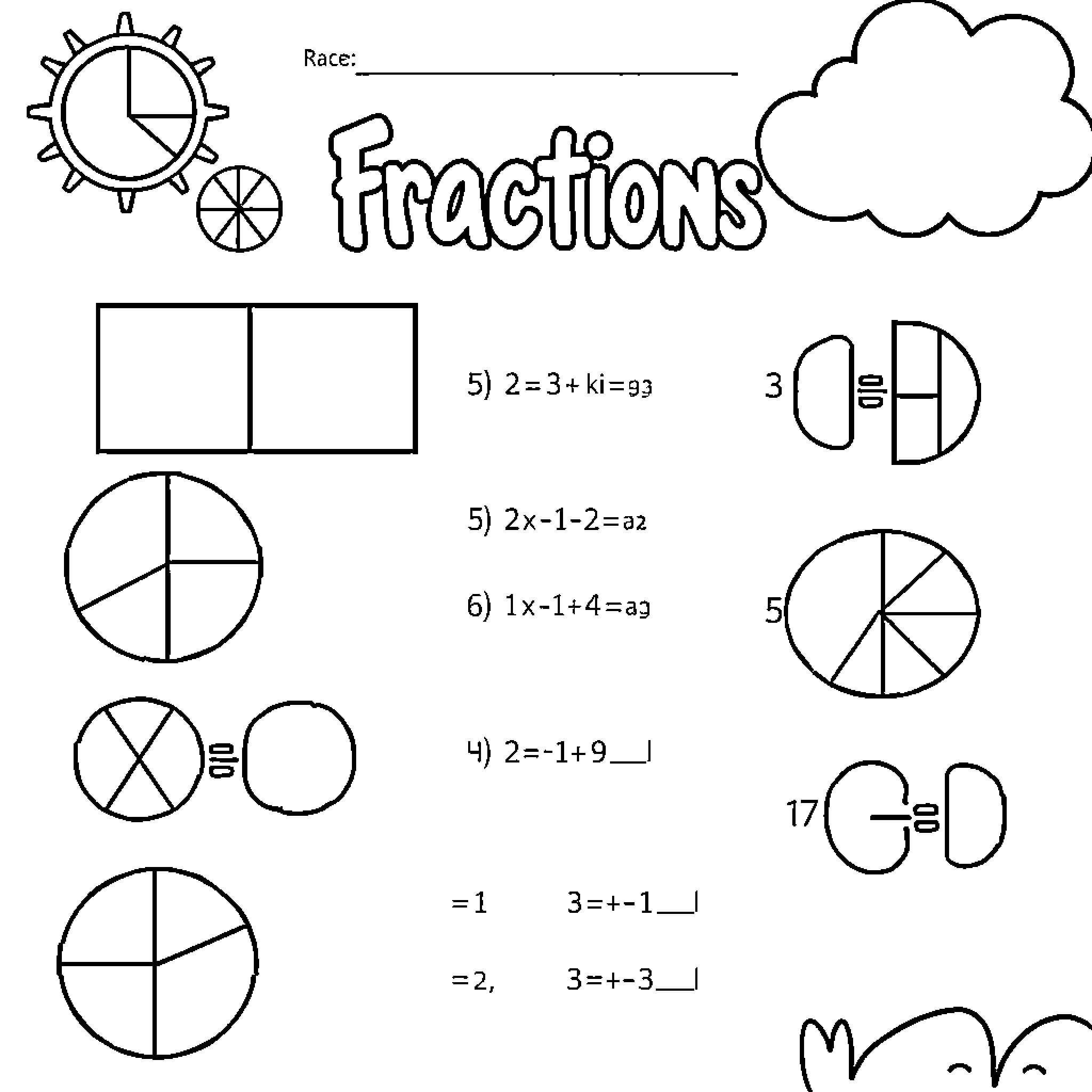 Fraction Representations and Calculations Coloring Page (free black-and-white line drawing printable PDF for all, from beginners to advanced learners, including children, teens, adults, and seniors)