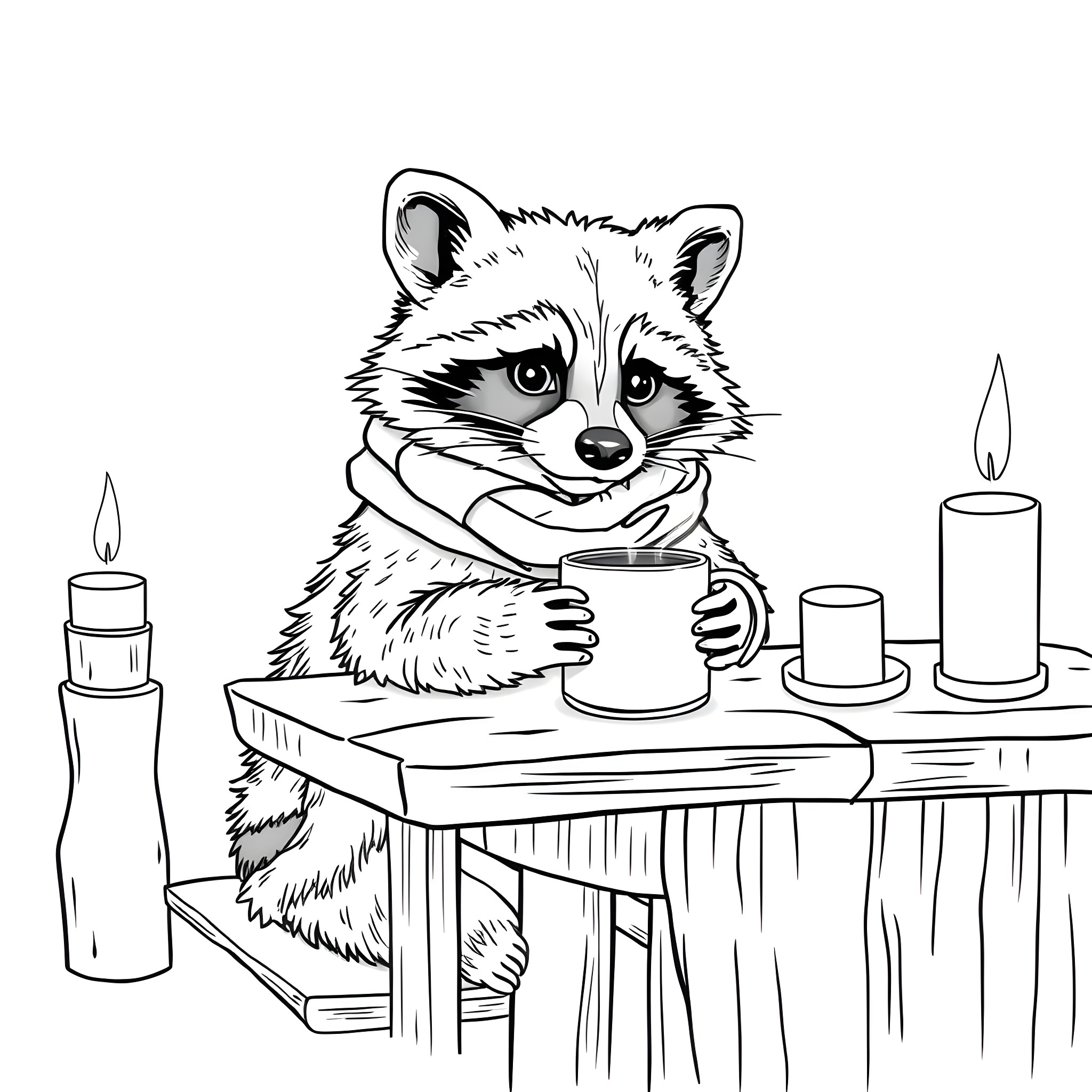 Raccoon enjoying a cozy cup of tea by the firelight Coloring Page (free black-and-white line drawing printable PDF for all, from beginners to advanced learners, including children, teens, adults, and seniors)