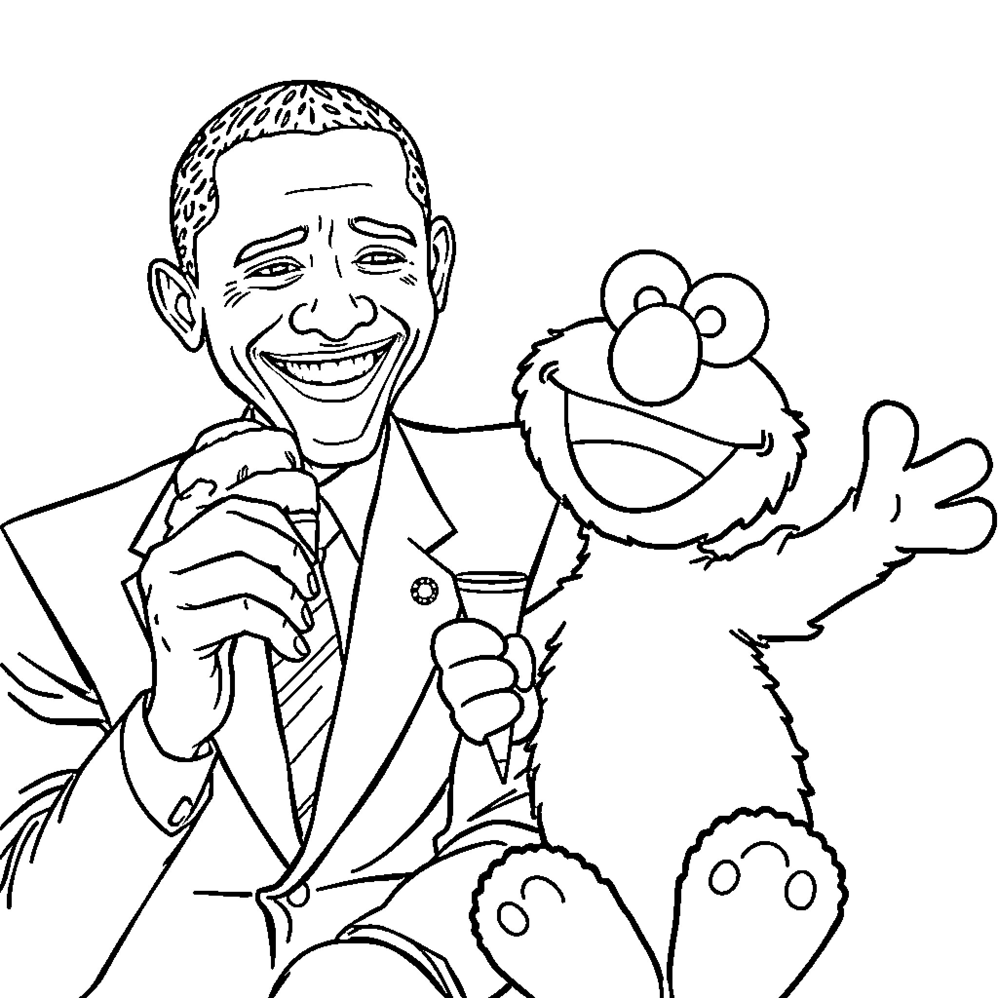 Obama smiling alongside a friendly Sesame Street character Coloring Page (free black-and-white line drawing printable PDF for all, from beginners to advanced learners, including children, teens, adults, and seniors)