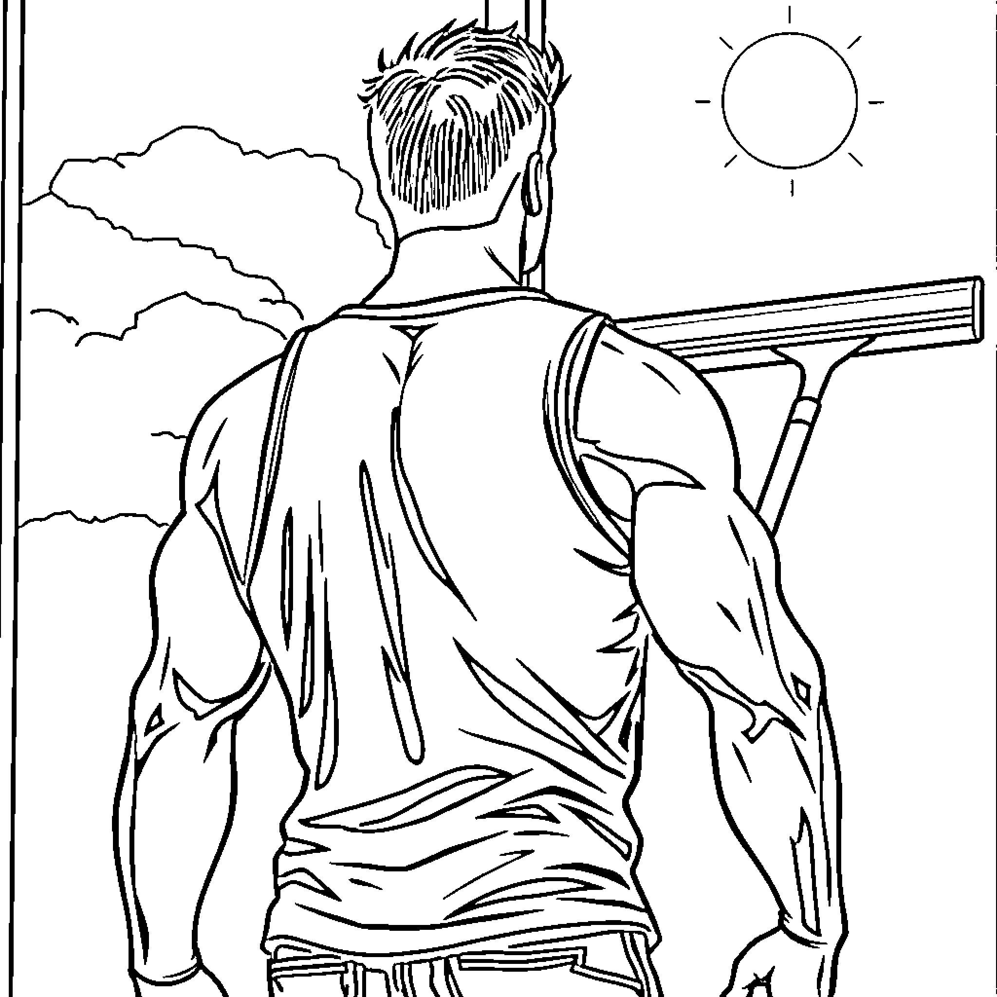 Man looking out towards the horizon Coloring Page (free black-and-white line drawing printable PDF for all, from beginners to advanced learners, including children, teens, adults, and seniors)