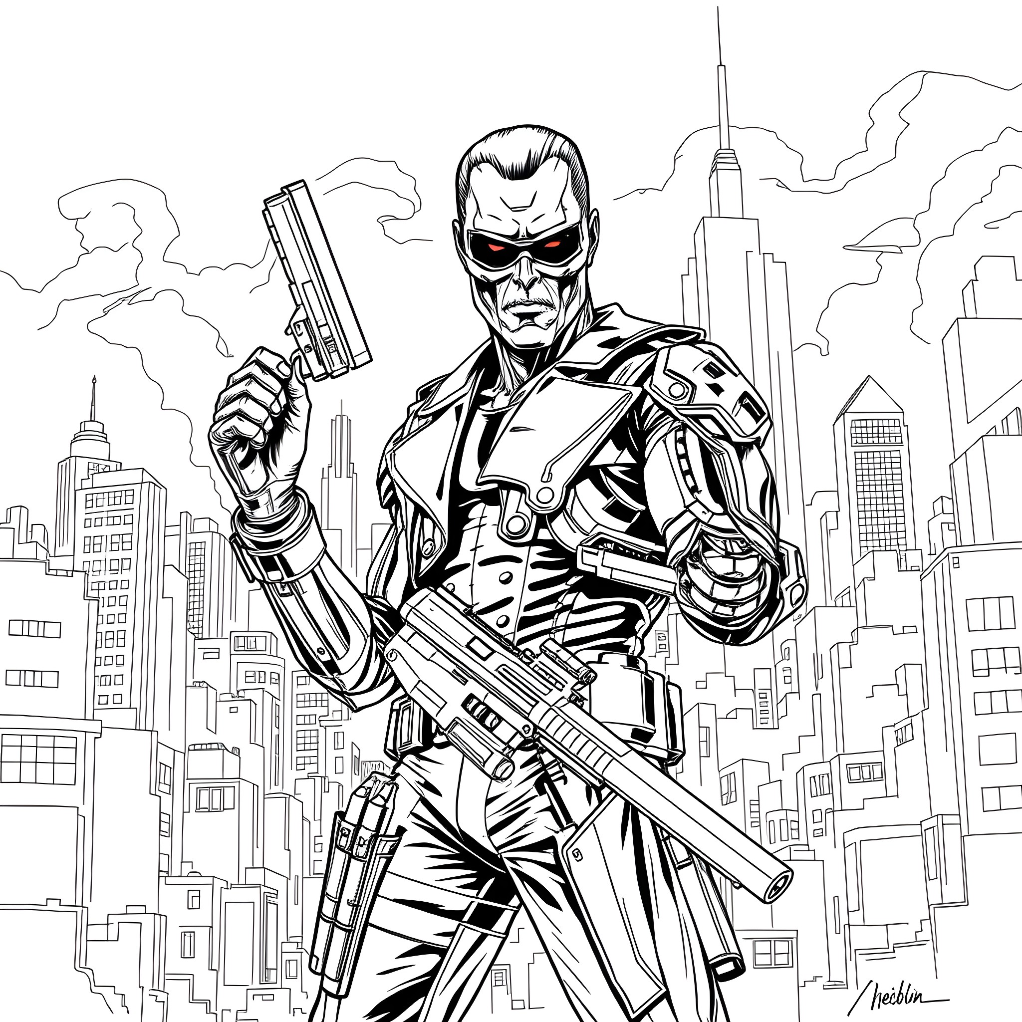 Dare to Conquer the City with Grit and Determination Coloring Page (free black-and-white line drawing printable PDF for all, from beginners to advanced learners, including children, teens, adults, and seniors)