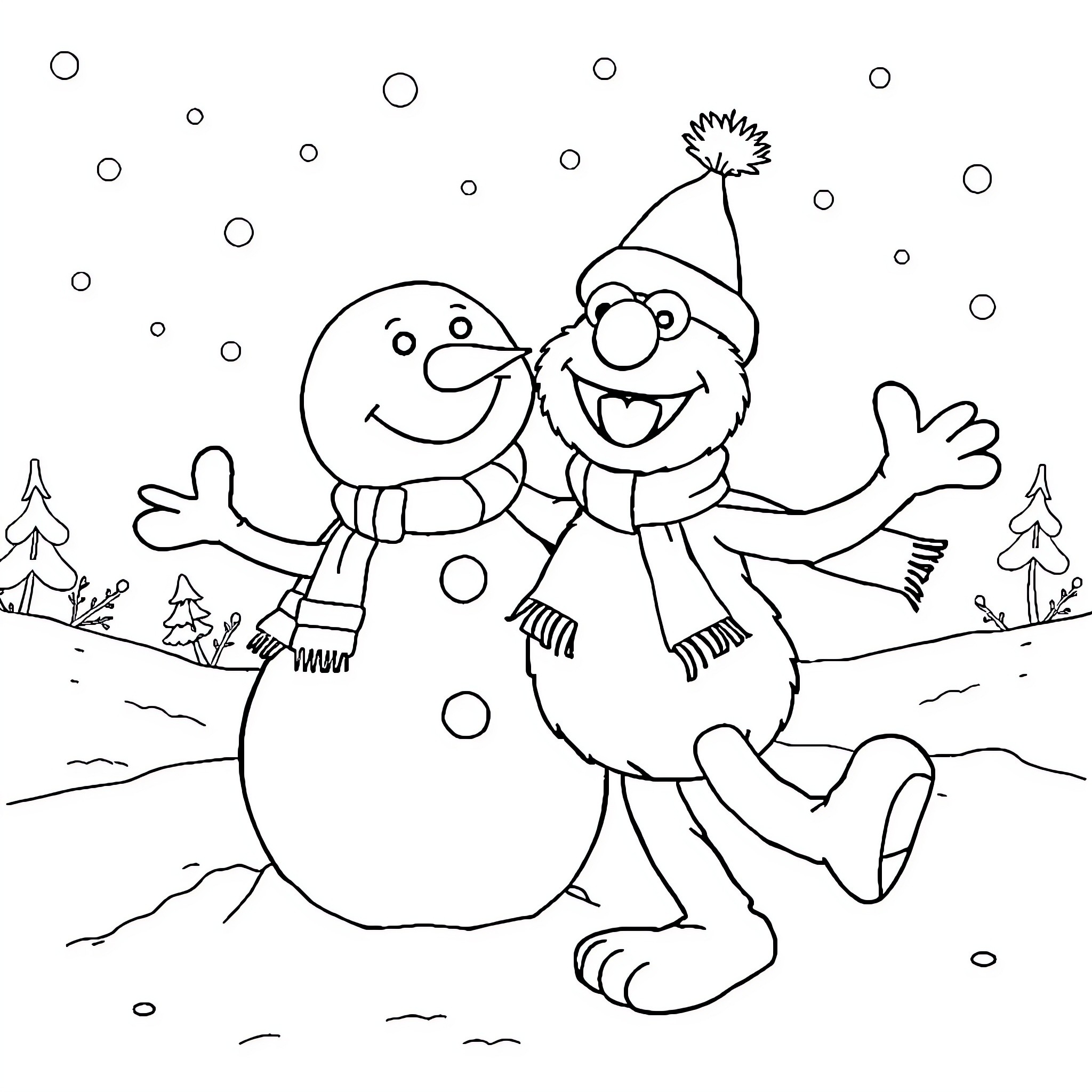 Elmo playing joyfully with snowman in winter landscape Coloring Page (free black-and-white line drawing printable PDF for all, from beginners to advanced learners, including children, teens, adults, and seniors)