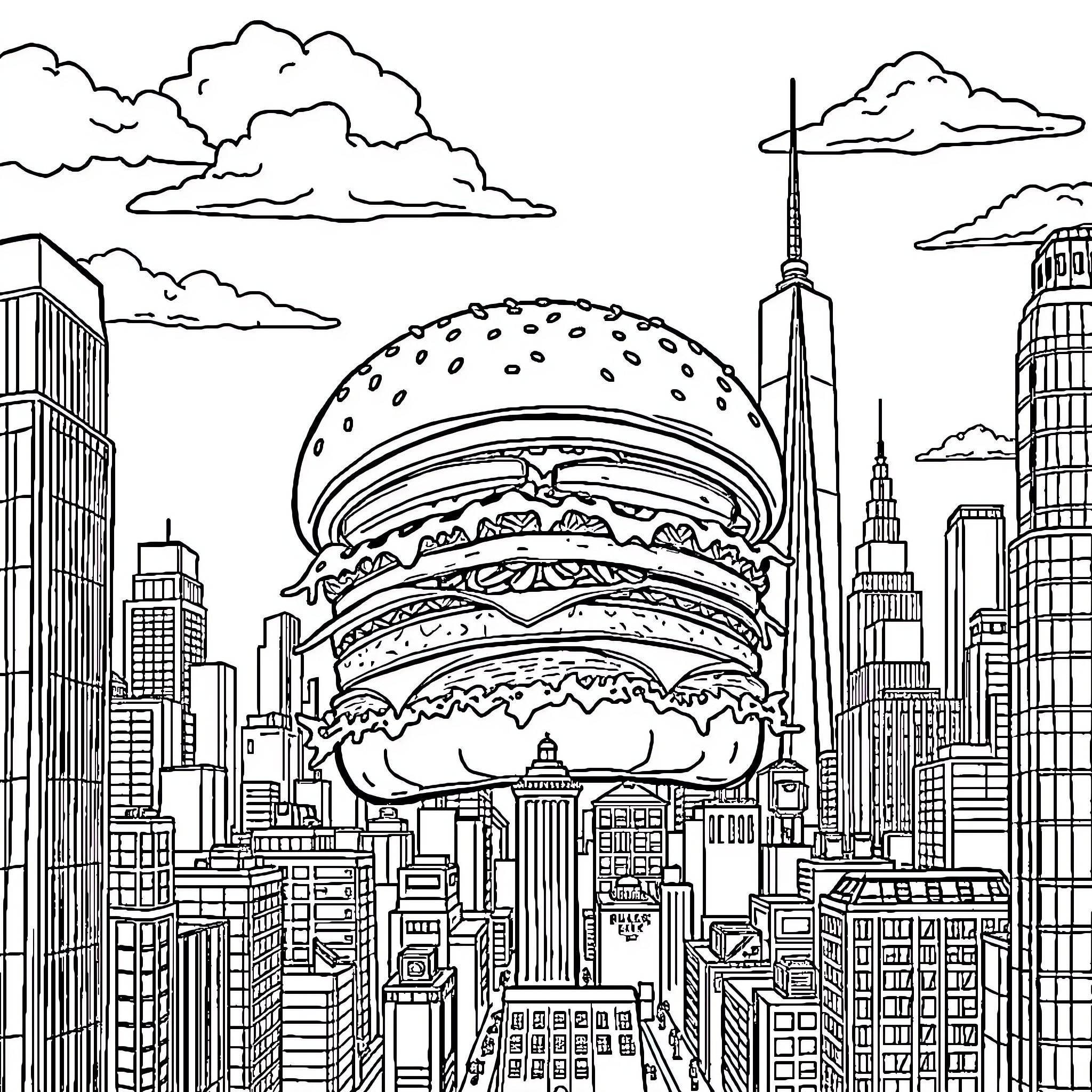 Hamburger-shaped building in the city skyline Coloring Page (free black-and-white line drawing printable PDF for all, from beginners to advanced learners, including children, teens, adults, and seniors)